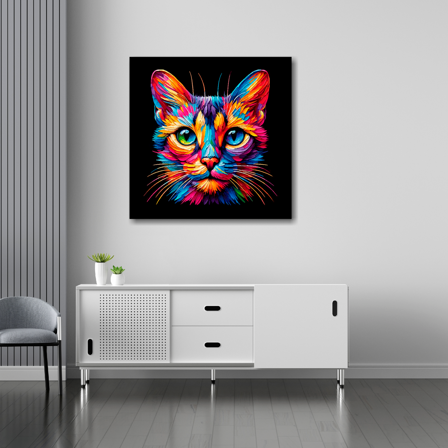 30 inch by 30 inch square canvas of a colourful Singapura cat head portrait on a black background. Mounted on a white wall above a white sideboard.