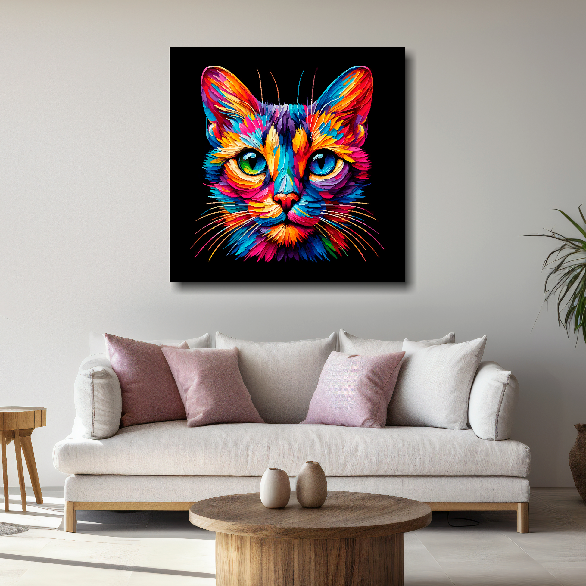 Large canvas wall art - A vibrant multi-coloured head portrait of a Singapura Cat. Available in 3 large sizes.