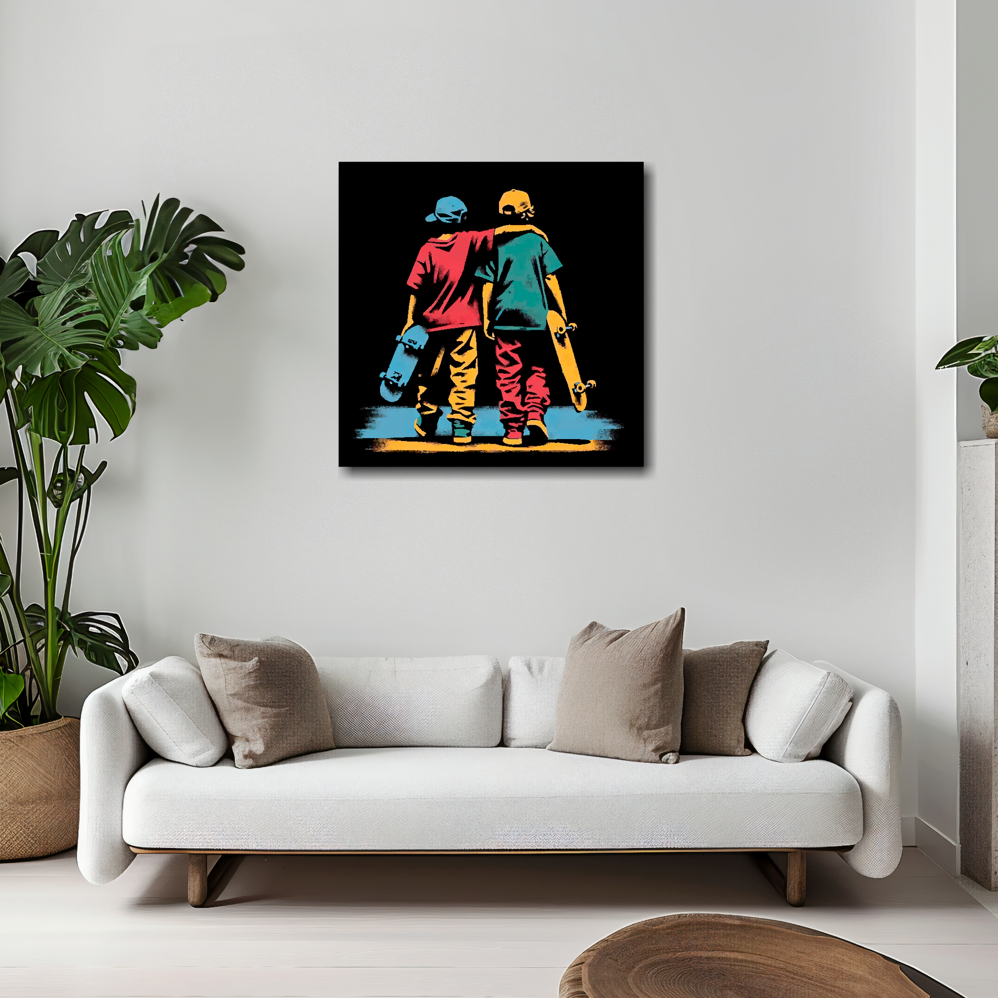20 inch by 20 inch square canvas featuring a two teen boys with skateboards. Mounted on a white wall above a white sofa with decorative pillows.