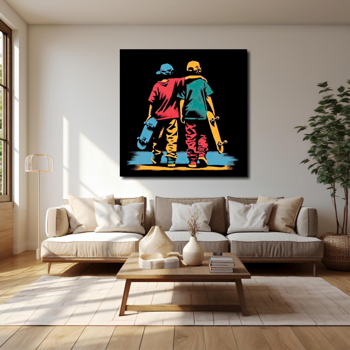 40 inch by 40 inch square canvas featuring a two teen boys with skateboards. Mounted on a cream wall above a cream sofa with decorative pillows.
