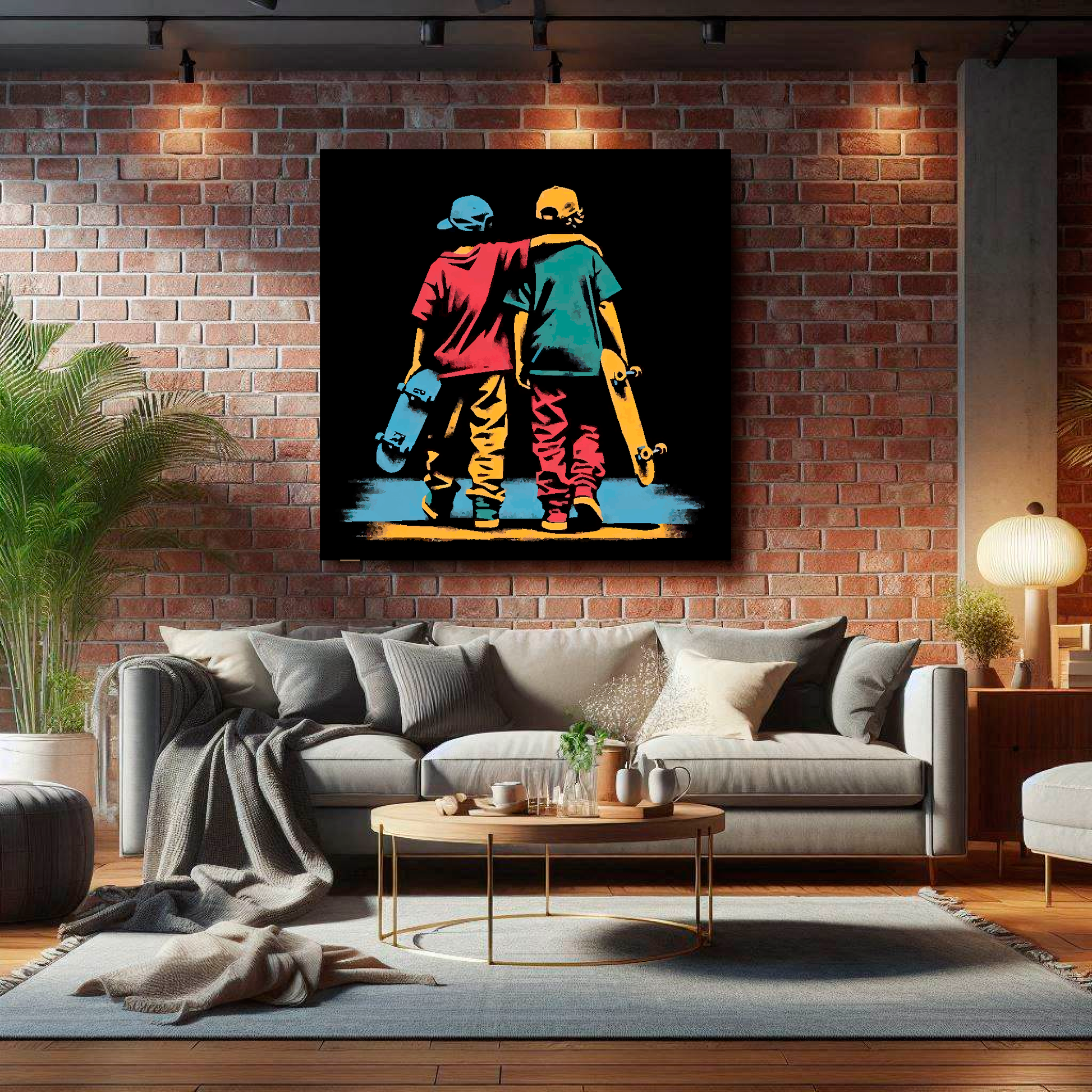 Large square canvas featuring a two teen boys with skateboards. Mounted on a brick wall above a grey sofa with decorative pillows.