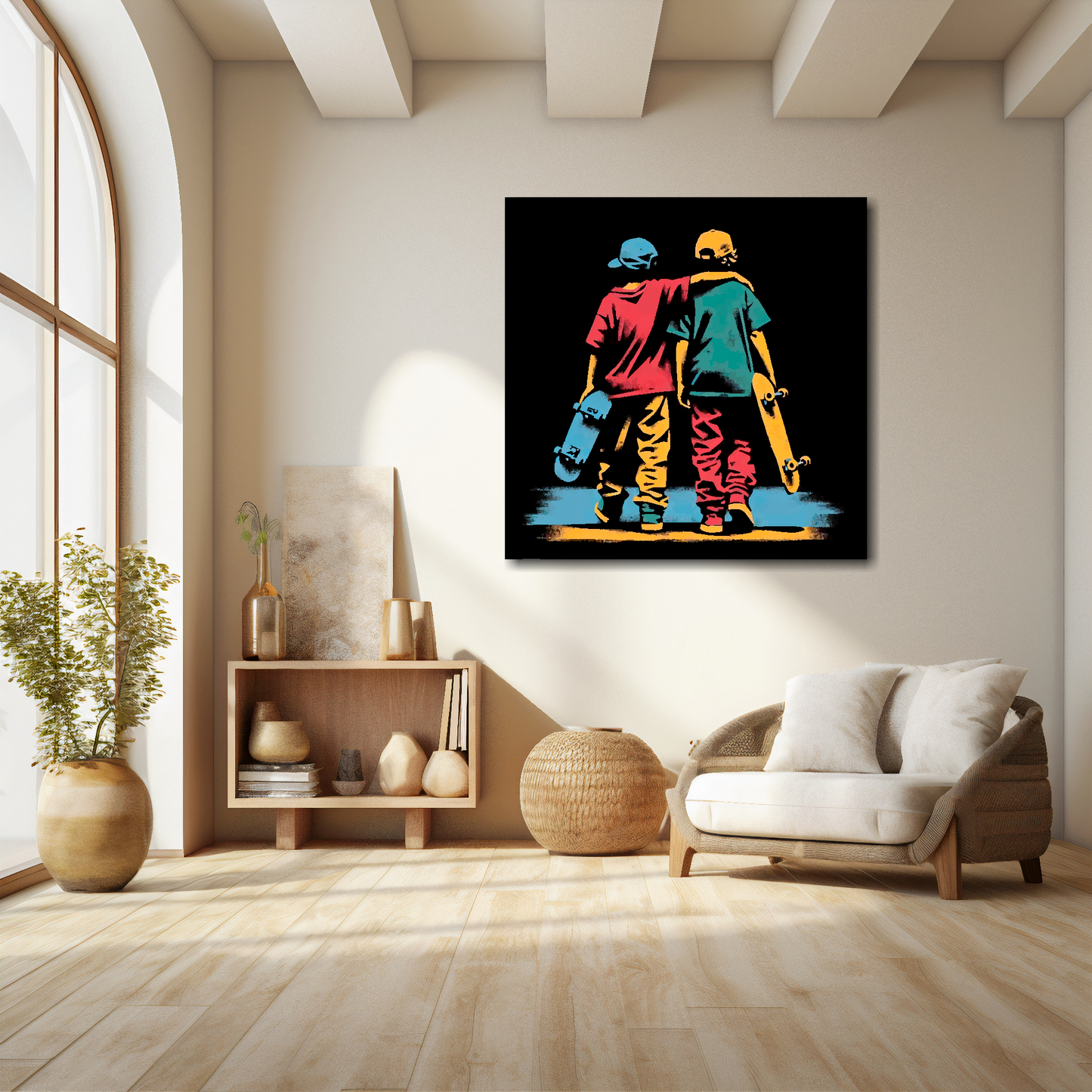 Square XL canvas featuring a two teen boys with skateboards. Mounted on a white wall above a white sofa with decorative pillows.