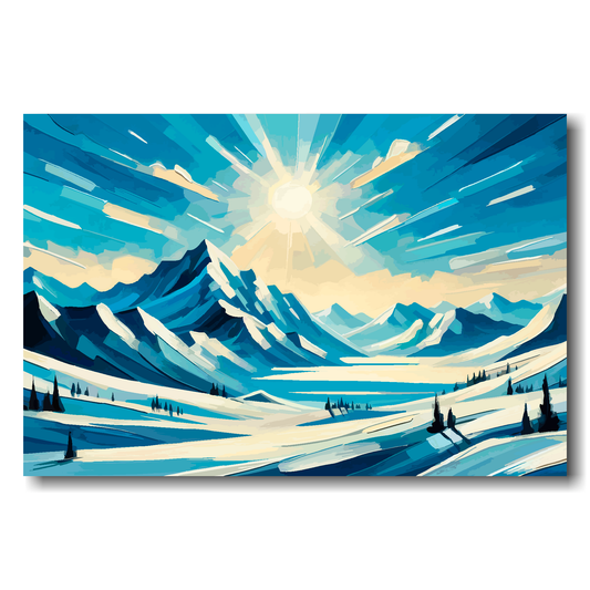 Artistic depiction of a snowy mountain landscape with a bright sun.