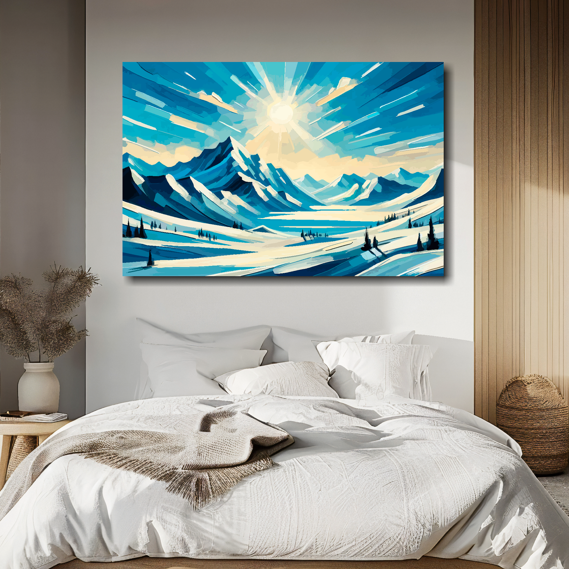 Large canvas print featuring a snow covered mountain scene. Mounted on a white wall above a double bed.