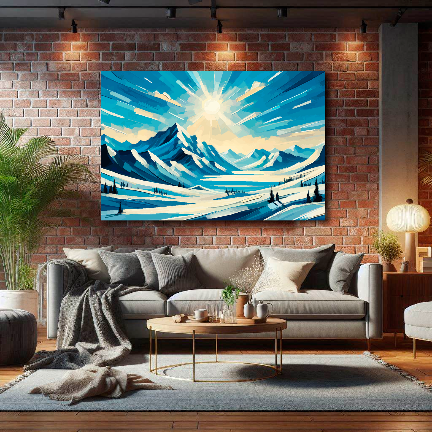 XL canvas print featuring a snow covered mountain scene. Mounted on a brick wall above a grey sofa with decorative pillows.