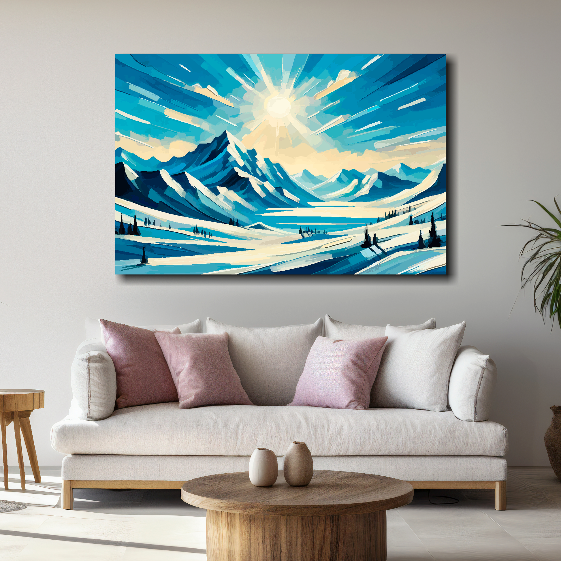Big canvas print featuring a snow covered mountain scene. Mounted on a white wall above a white sofa with decorative pillows.