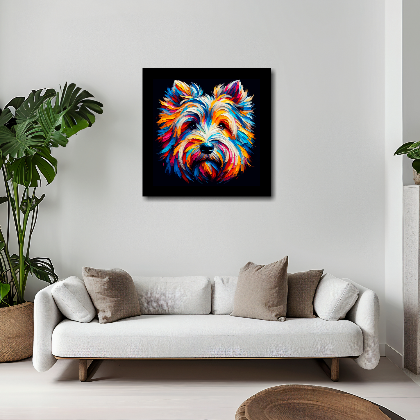 20 inch by 20 inch square canvas of a colourful Skye Terrier head portrait on a black background. Mounted on a white wall above a white sofa with decorative pillows.