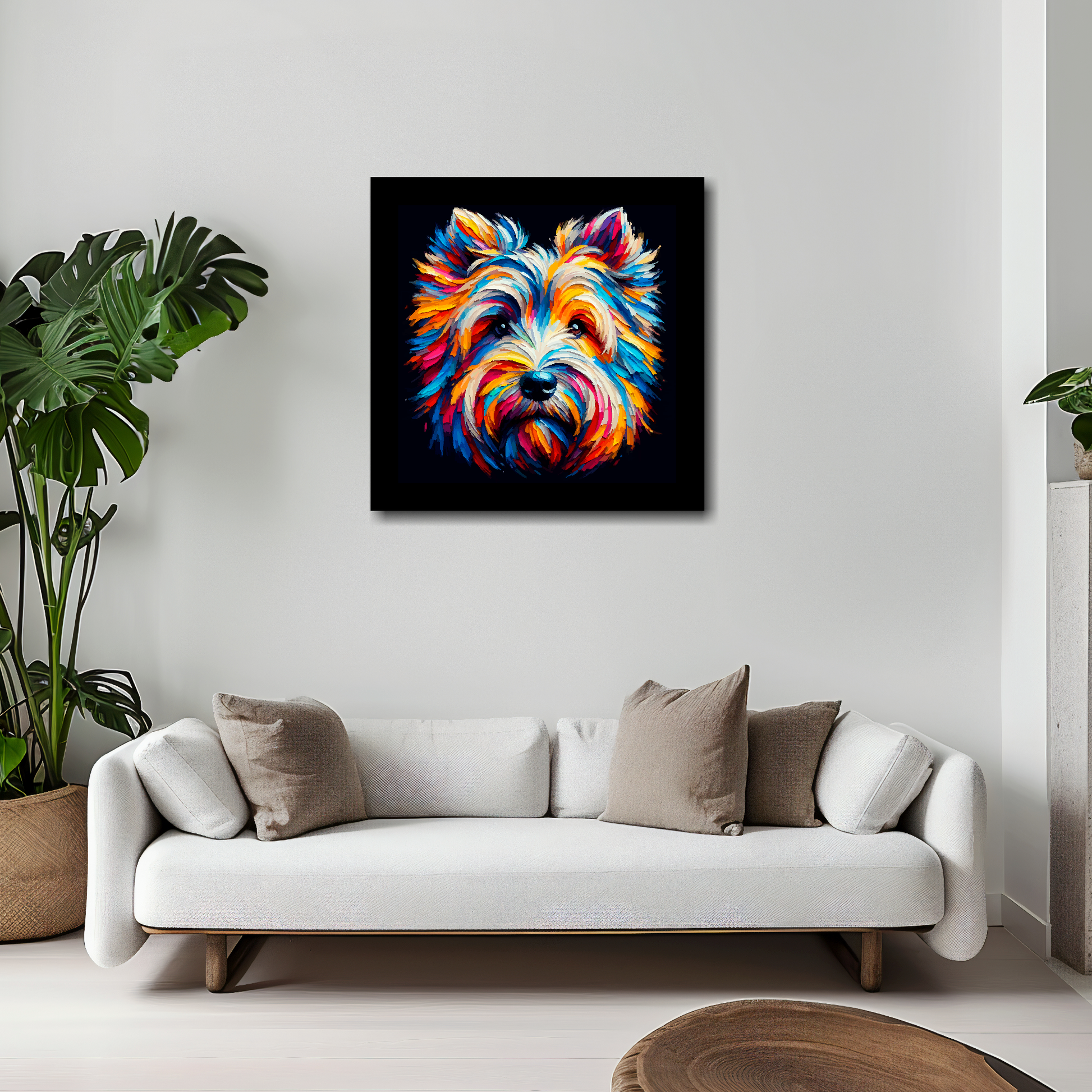 20 inch by 20 inch square canvas of a colourful Skye Terrier head portrait on a black background. Mounted on a white wall above a white sofa with decorative pillows.