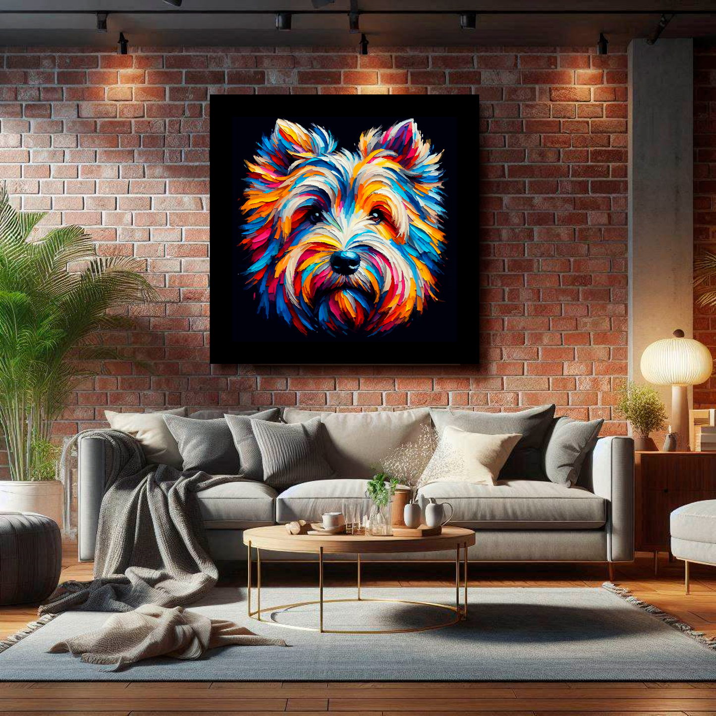 Large canvas wall art - A multi-coloured abstract head portrait of a Skye Terrier Dog. Available in 3 large sizes.