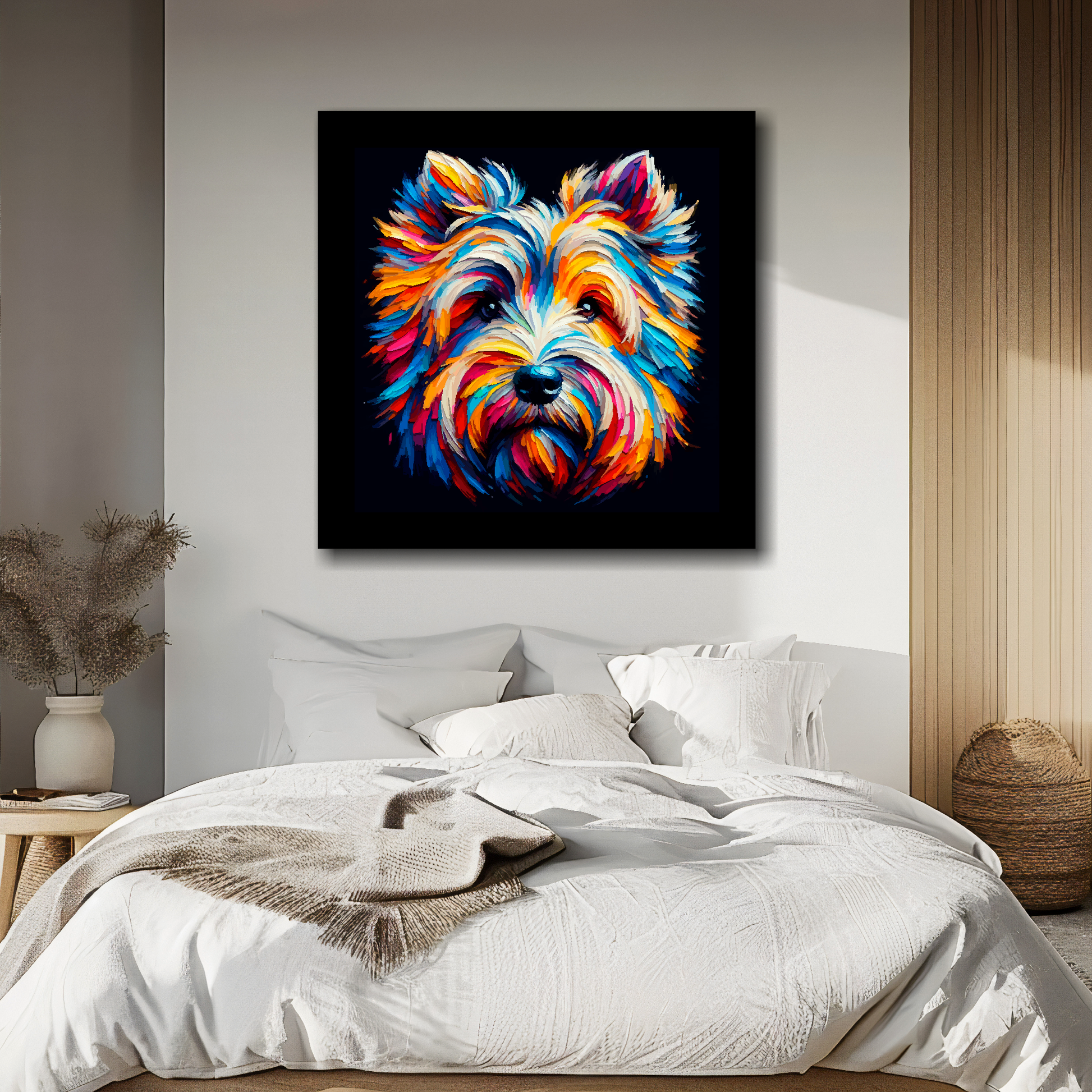 Large canvas wall art - A multi-coloured abstract head portrait of a Skye Terrier Dog. Available in 3 large sizes.