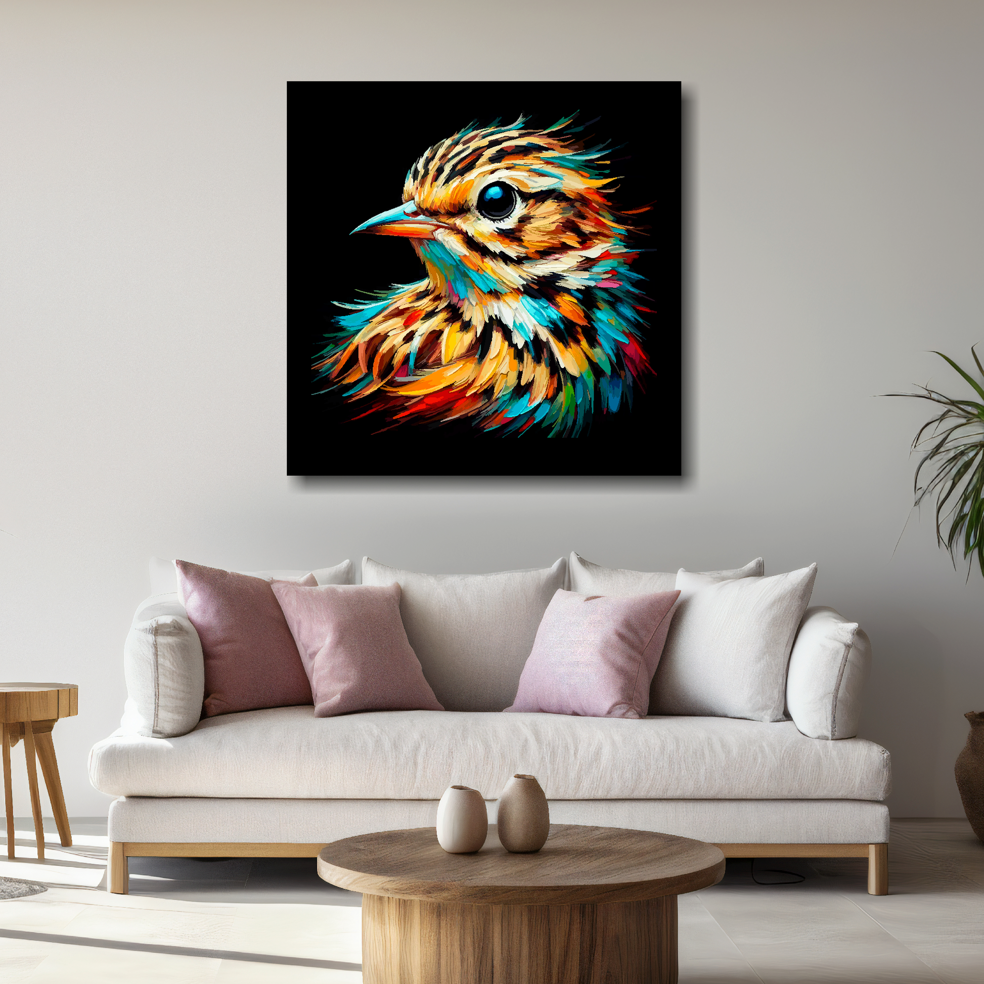 Large canvas wall art - A vibrant multi-coloured head portrait of a Skylark. Available in 3 large sizes.