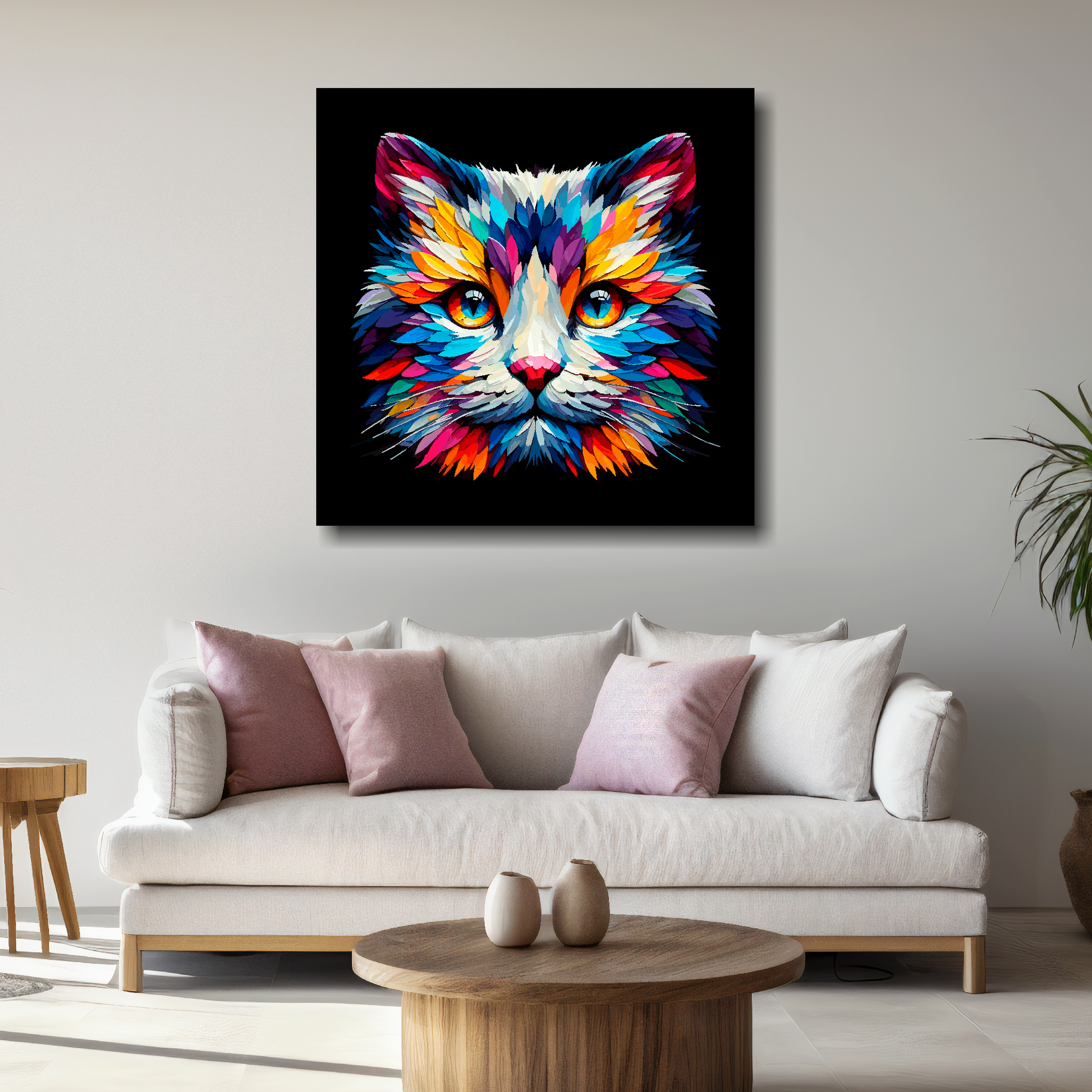 Large canvas wall art - A vibrant multi-coloured head portrait of a Snowshoe Cat. Available in 3 large sizes.