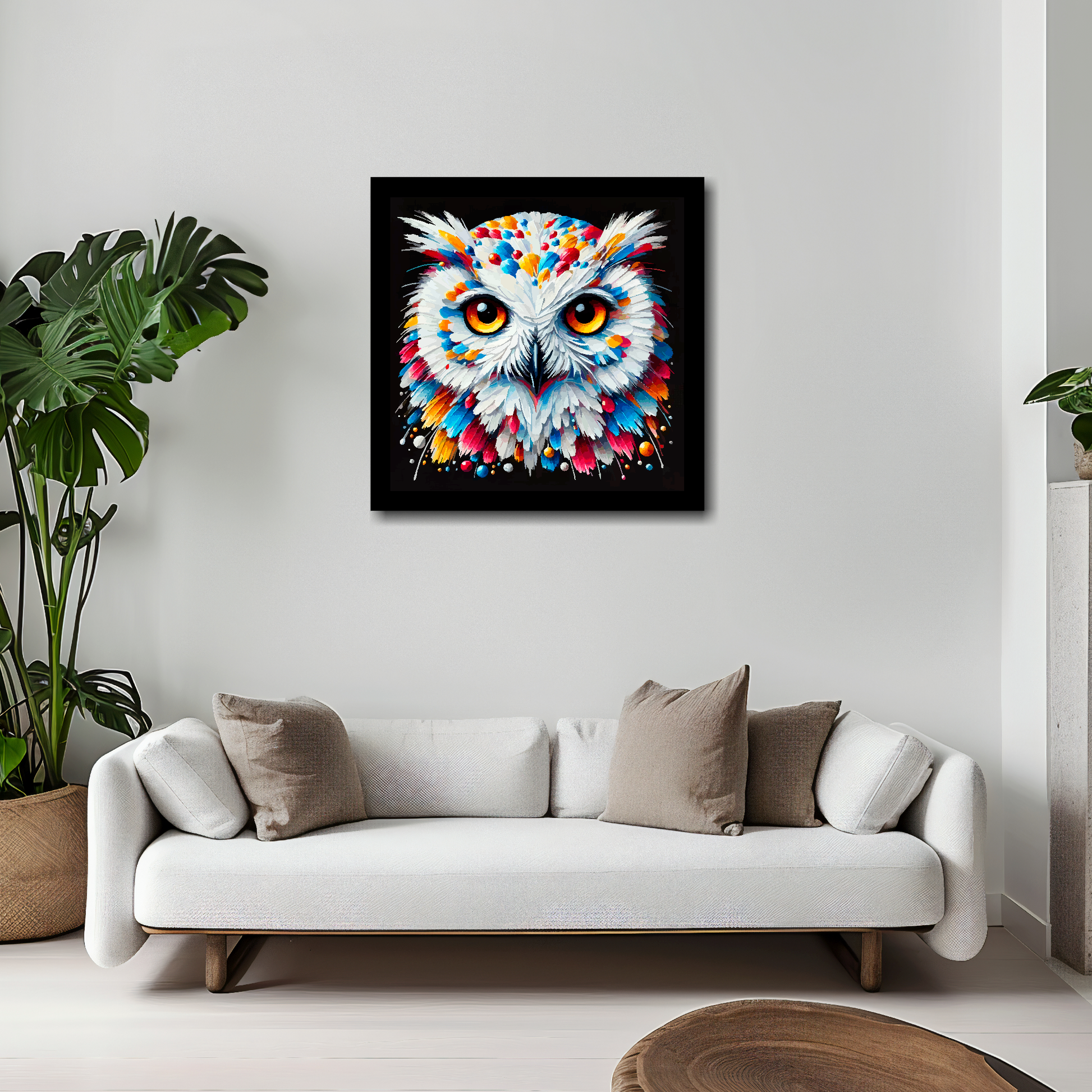 20 inch by 20 inch square canvas of a colourful Snowy Owl portrait on a black background. Mounted on a white wall above a white sofa with decorative pillows.