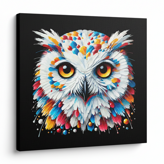 Colourful Snowy Owl bird portrait canvas print - UK made abstract wildlife wall art