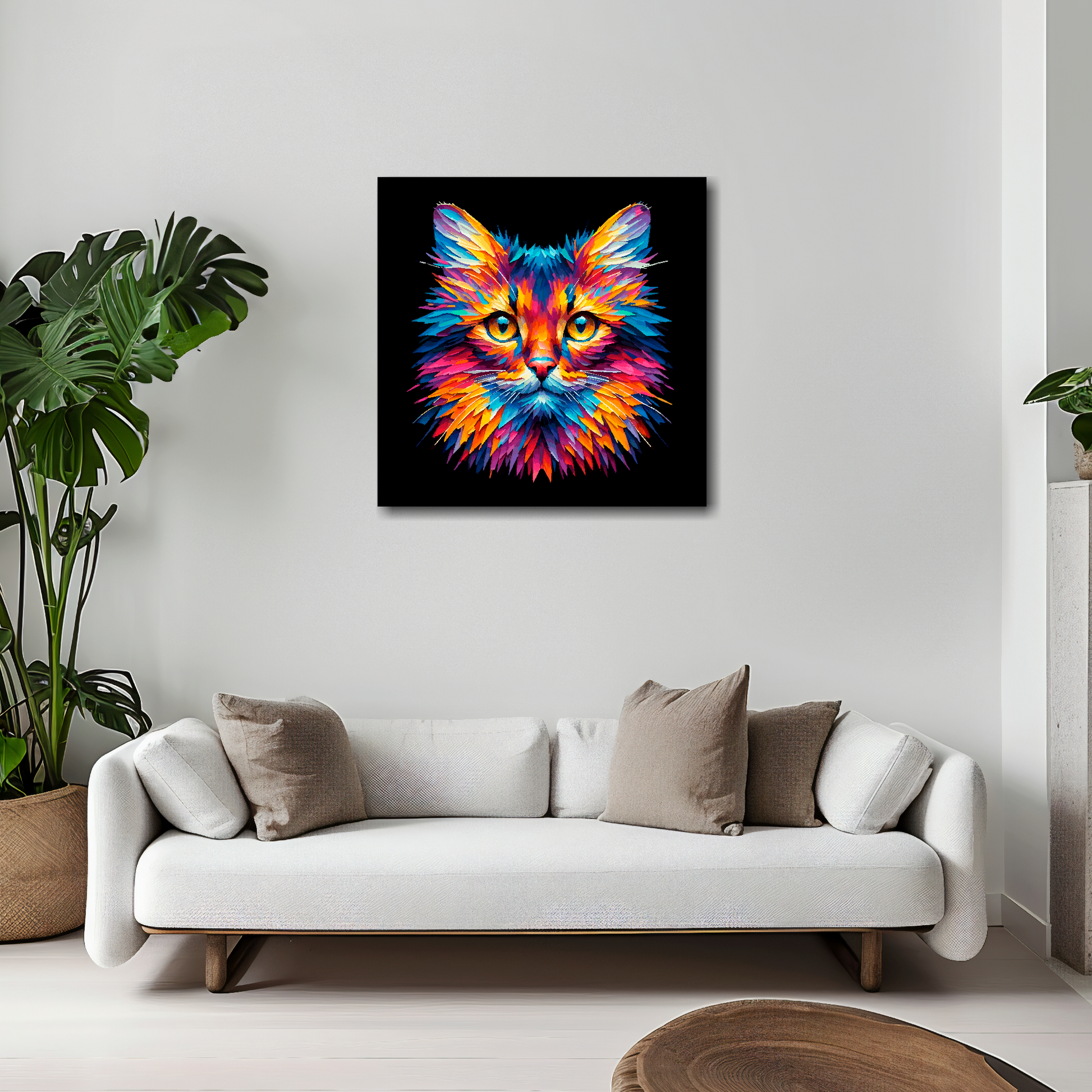 20 inch by 20 inch square canvas of a colourful Somali cat head portrait on a black background. Mounted on a white wall above a white sofa with decorative pillows.