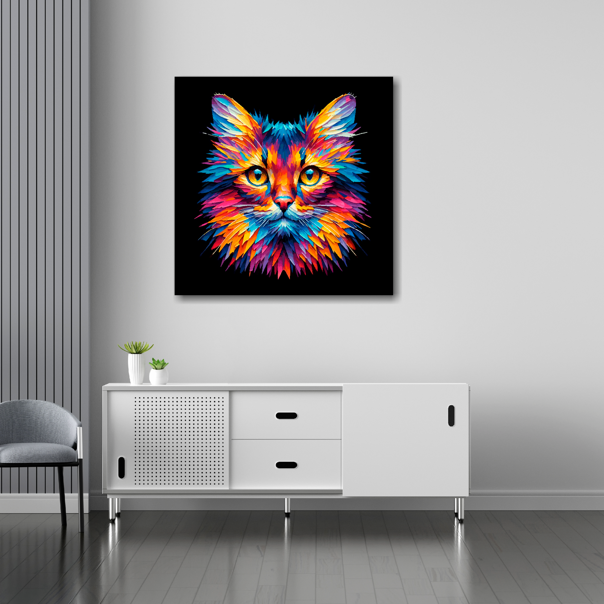 Somali cat canvas 30x30 inches above sideboard - large colourful cat portrait UK made
