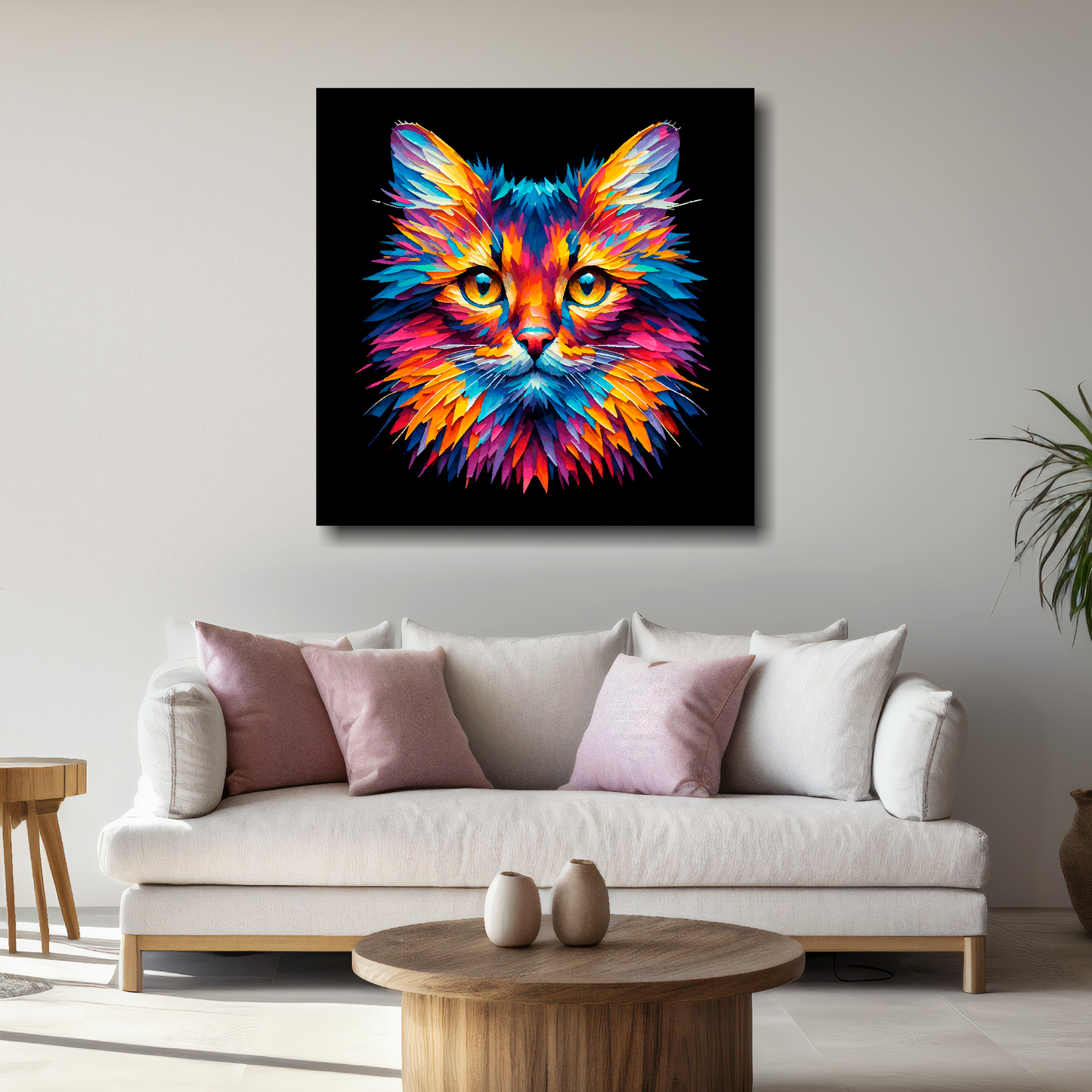 Large canvas wall art - A multi-coloured head portrait of a Somali Cat. Available in 3 large sizes.
