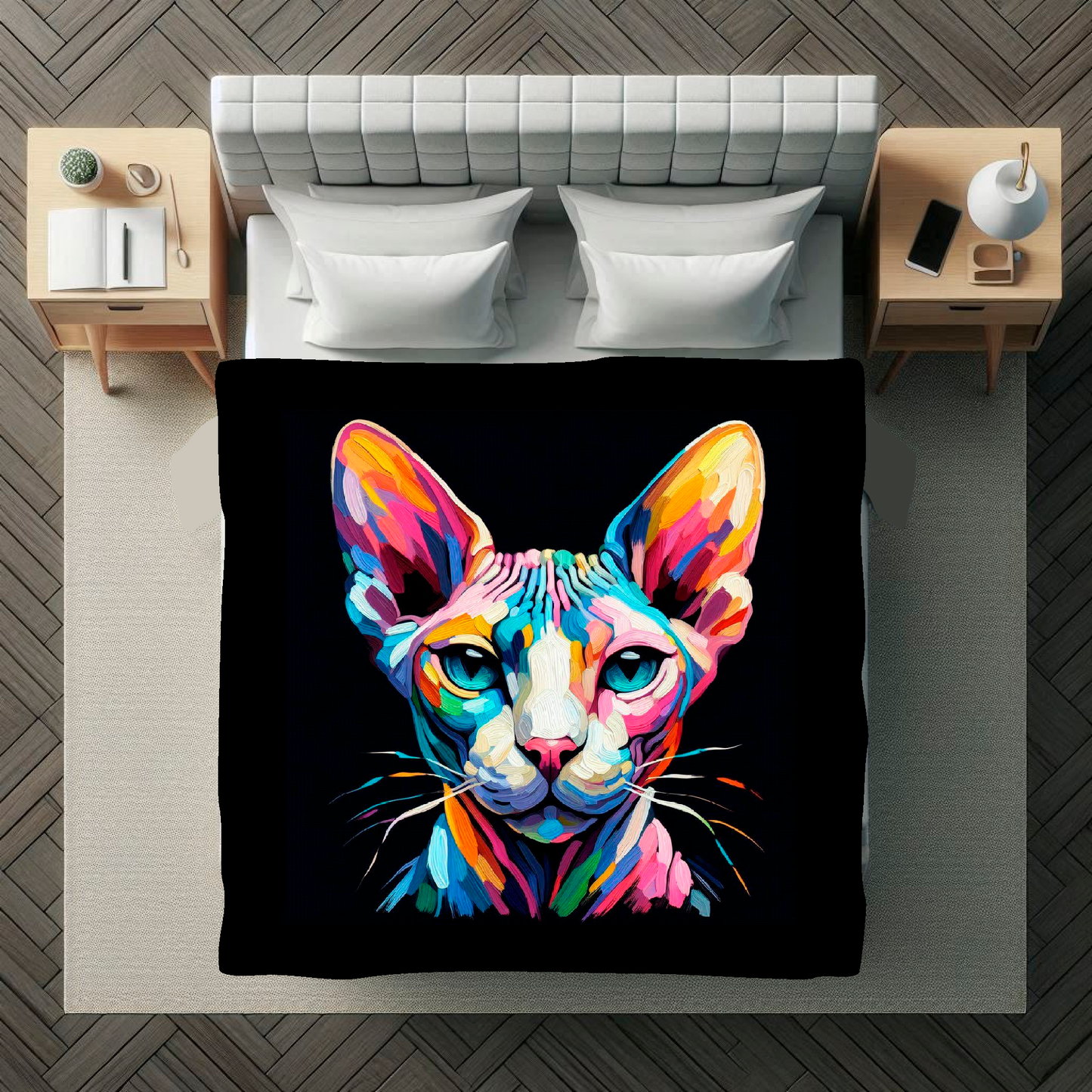 Colourful sphynx cat design on a black blanket over a bed in a bedroom setting.