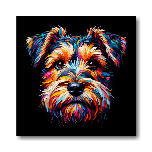 Colourful abstract painting of a Sporting Lucas Terrier dog's face on a black background.