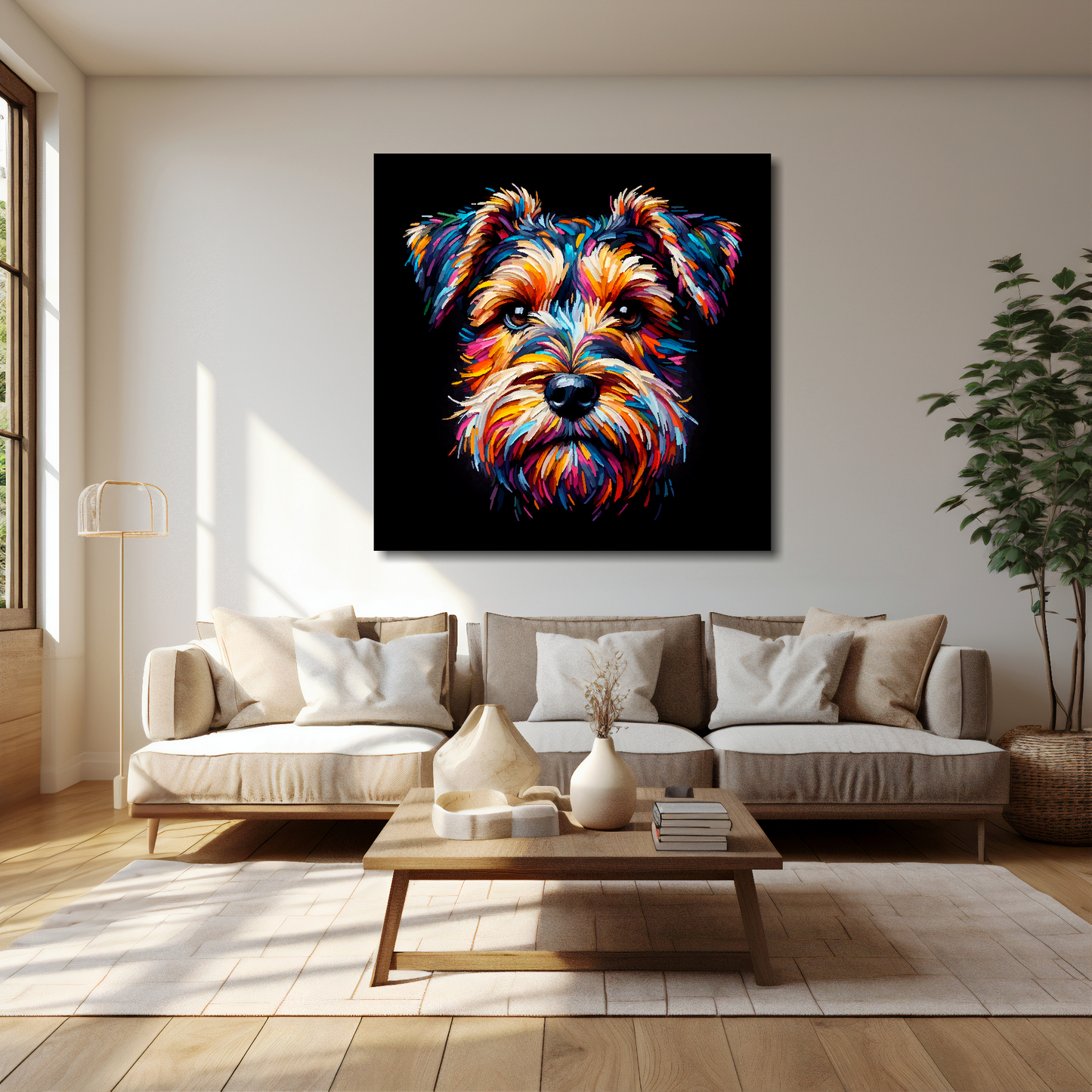 40 inch by 40 inch square canvas featuring a multi-coloured Sporting Lucas Terrier dog portrait. Mounted on a cream wall above a cream sofa with decorative pillows.