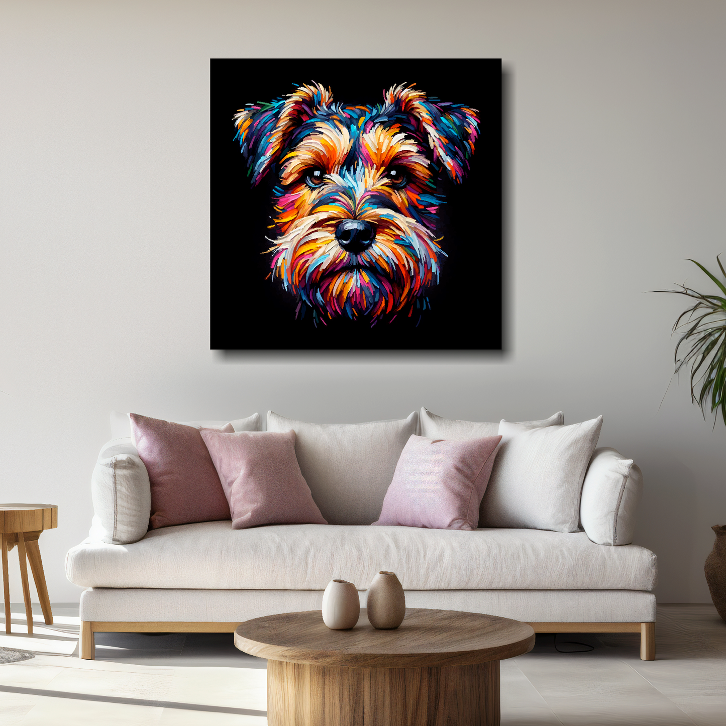 Large canvas featuring a multi-coloured Sporting Lucas Terrier dog portrait. Mounted on a white wall above a white sofa with decorative pillows.