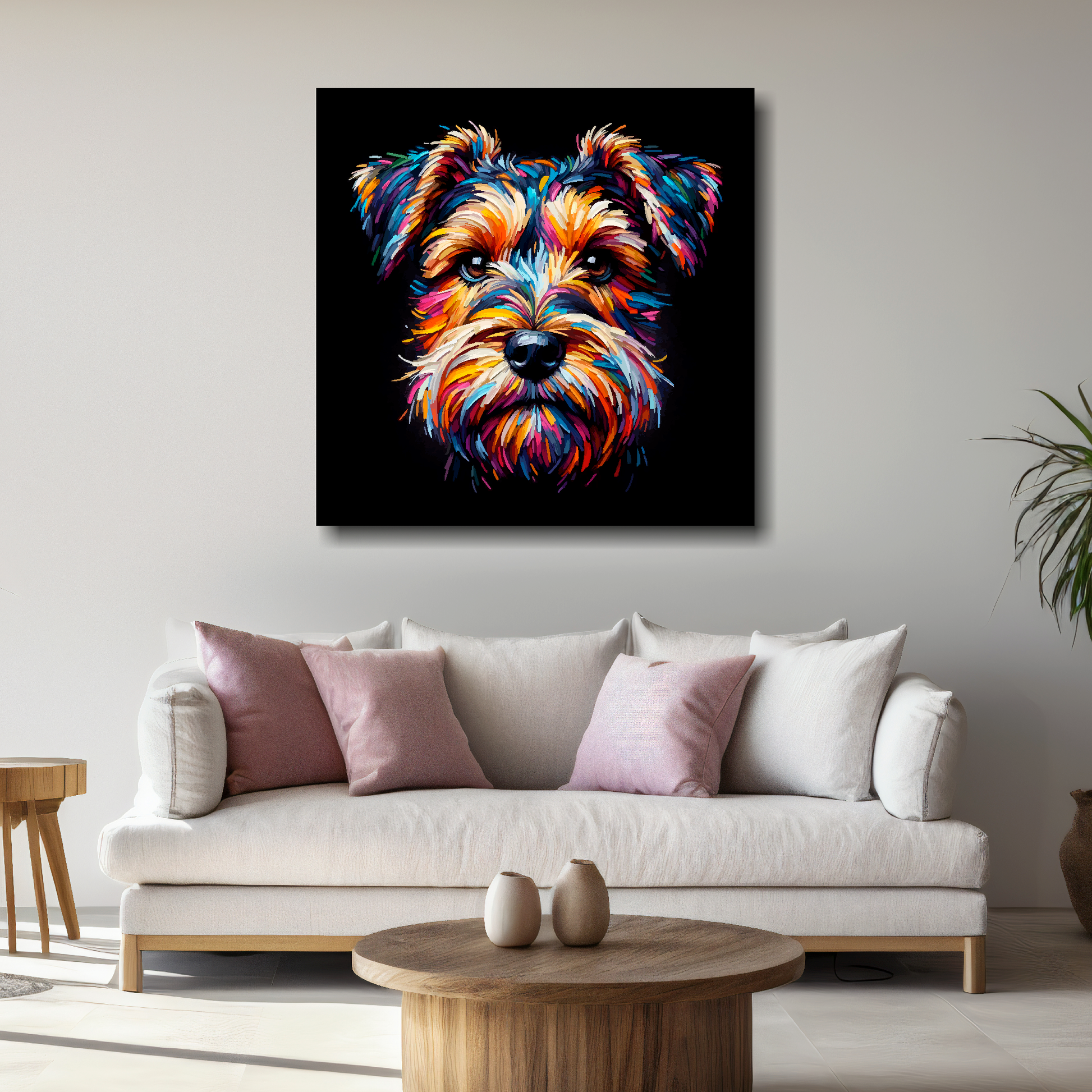 Large canvas featuring a multi-coloured Sporting Lucas Terrier dog portrait. Mounted on a white wall above a white sofa with decorative pillows.