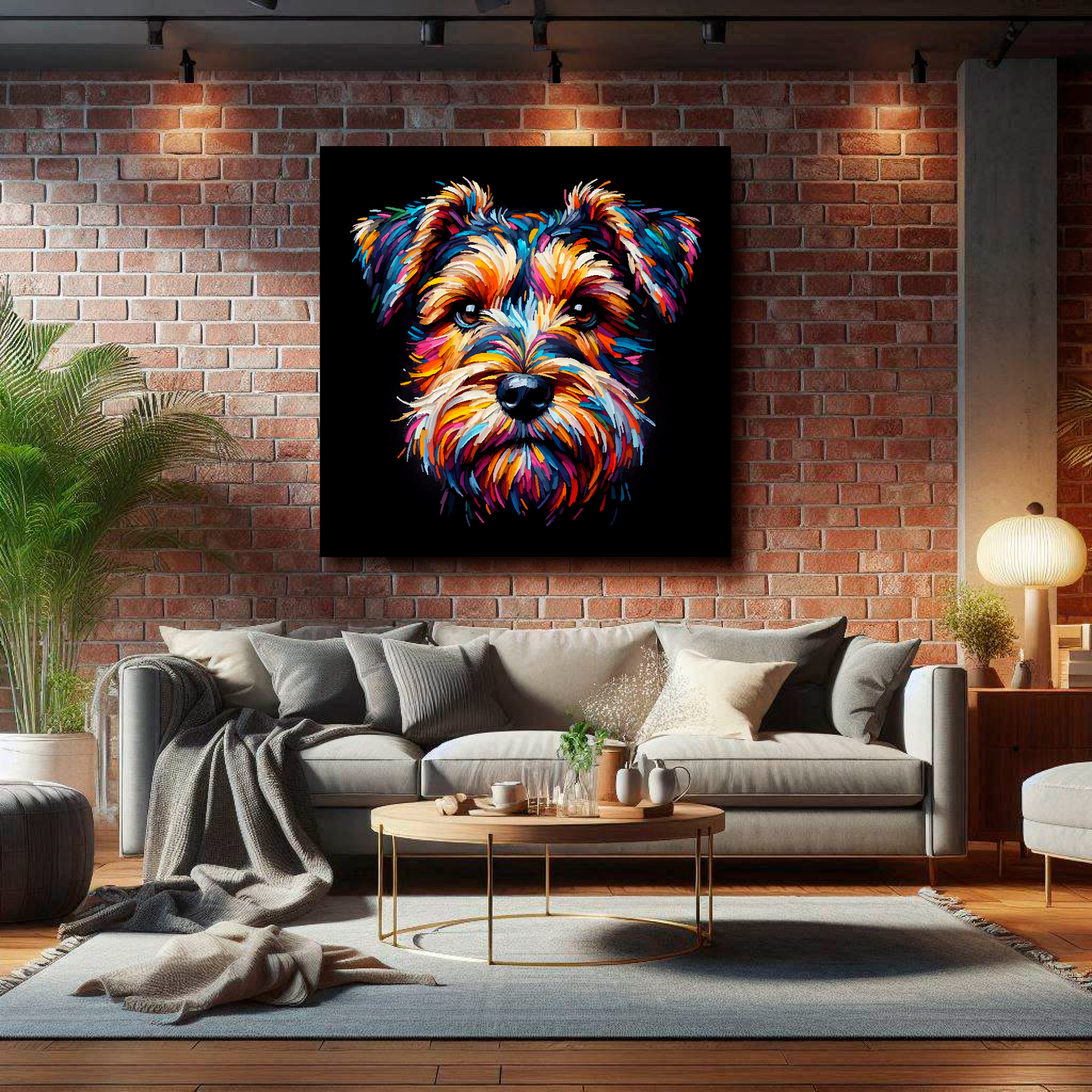 XL canvas featuring a multi-coloured Sporting Lucas Terrier dog portrait. Mounted on a brick wall above a grey sofa with decorative pillows.