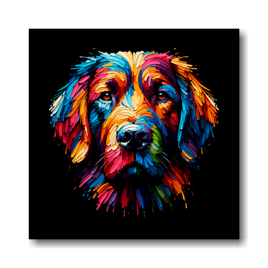 Colourful abstract portrait of a Springador dog's face on a black background.
