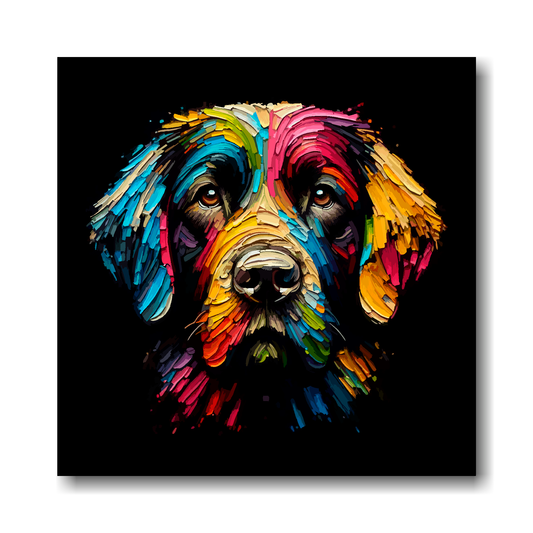 Colourful abstract painting of a Springador dog's face on a black background.