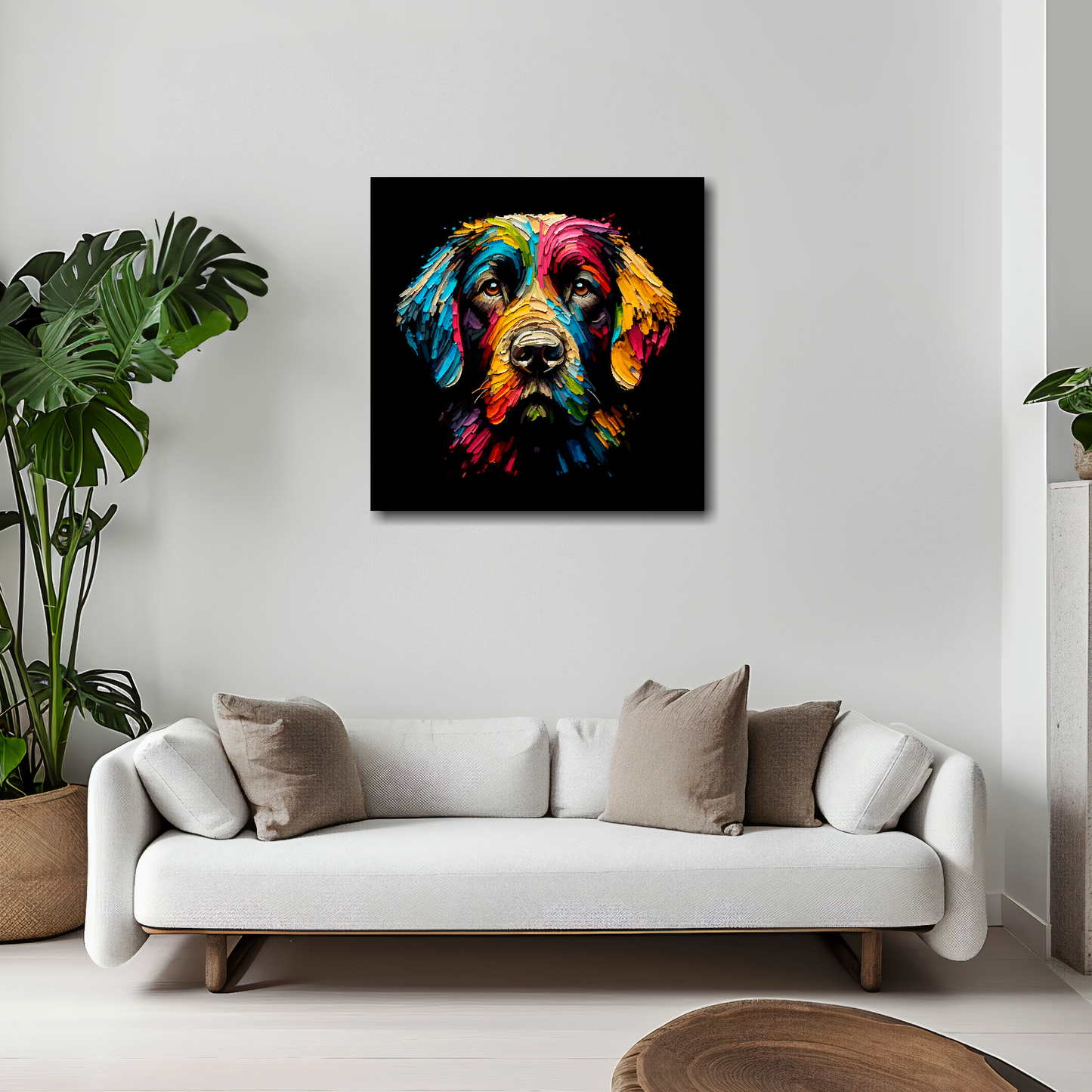 20 inch by 20 inch square canvas featuring a multi-coloured Springador dog portrait. Mounted on a white wall above a white sofa with decorative pillows.