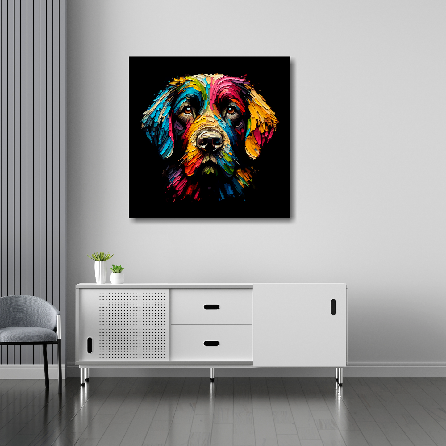 30 inch by 30 inch square canvas featuring a multi-coloured Springador dog portrait. Mounted on a white wall above a white sideboard.