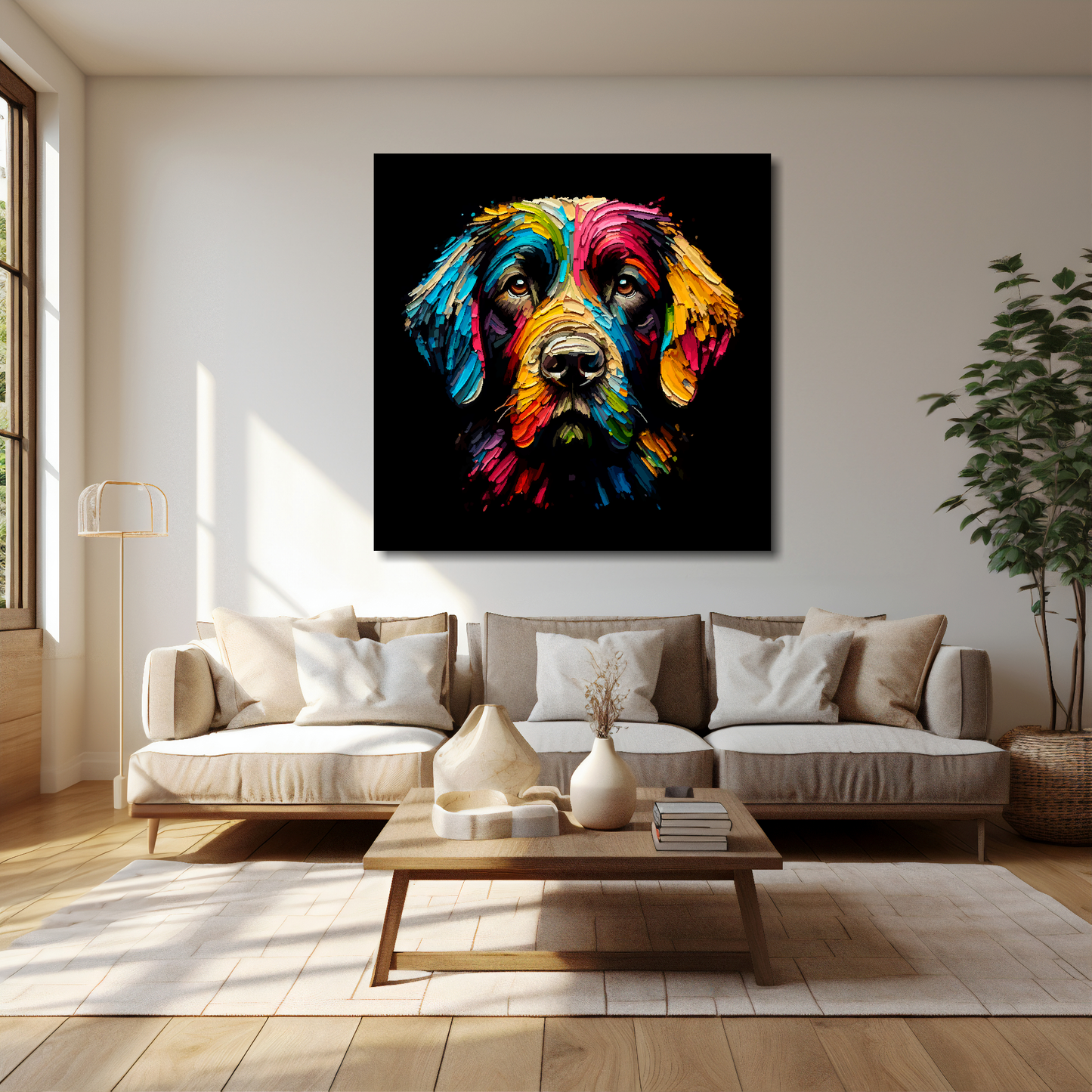 40 inch by 40 inch square canvas featuring a multi-coloured Springador dog portrait. Mounted on a cream wall above a cream sofa with decorative pillows.