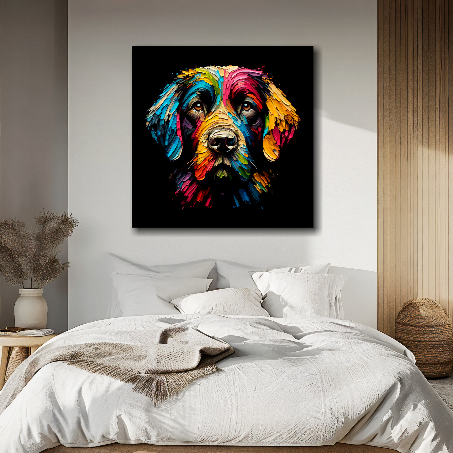 Big canvas featuring a multi-coloured Springador dog portrait. Mounted on a white wall above a double bed.