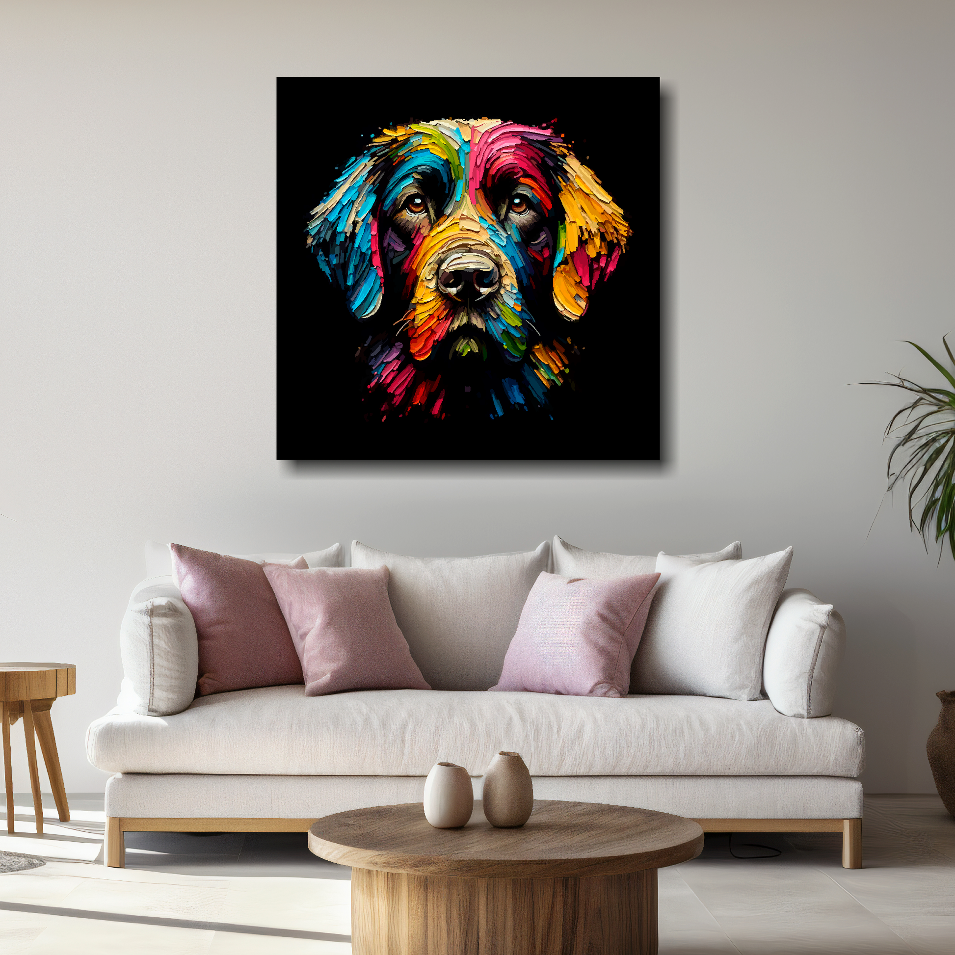 Large canvas featuring a multi-coloured Springador dog portrait. Mounted on a white wall above a white sofa with decorative pillows.