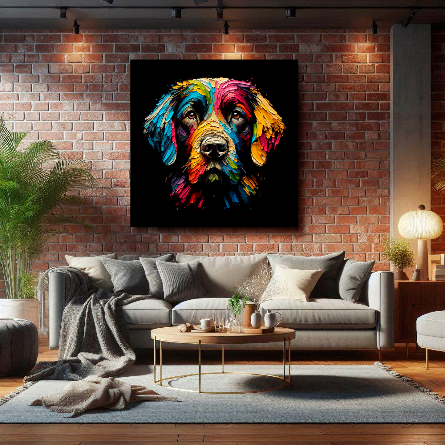 Huge canvas featuring a multi-coloured Springador dog portrait. Mounted on a lounge brick wall above a grey sofa with decorative pillows.
