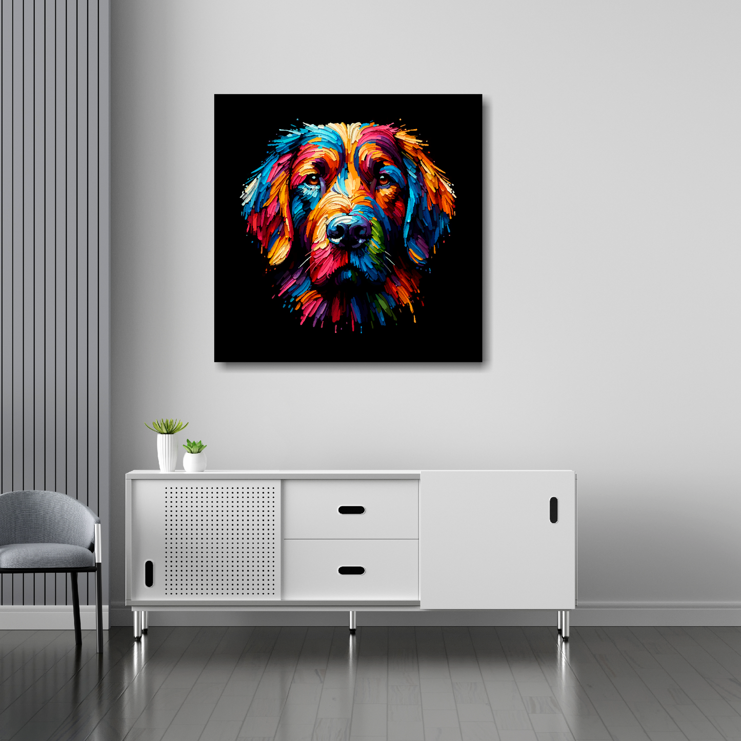 30 inch by 30 inch square canvas featuring a multi-coloured Springador dog portrait. Mounted on a white wall above a white sideboard.