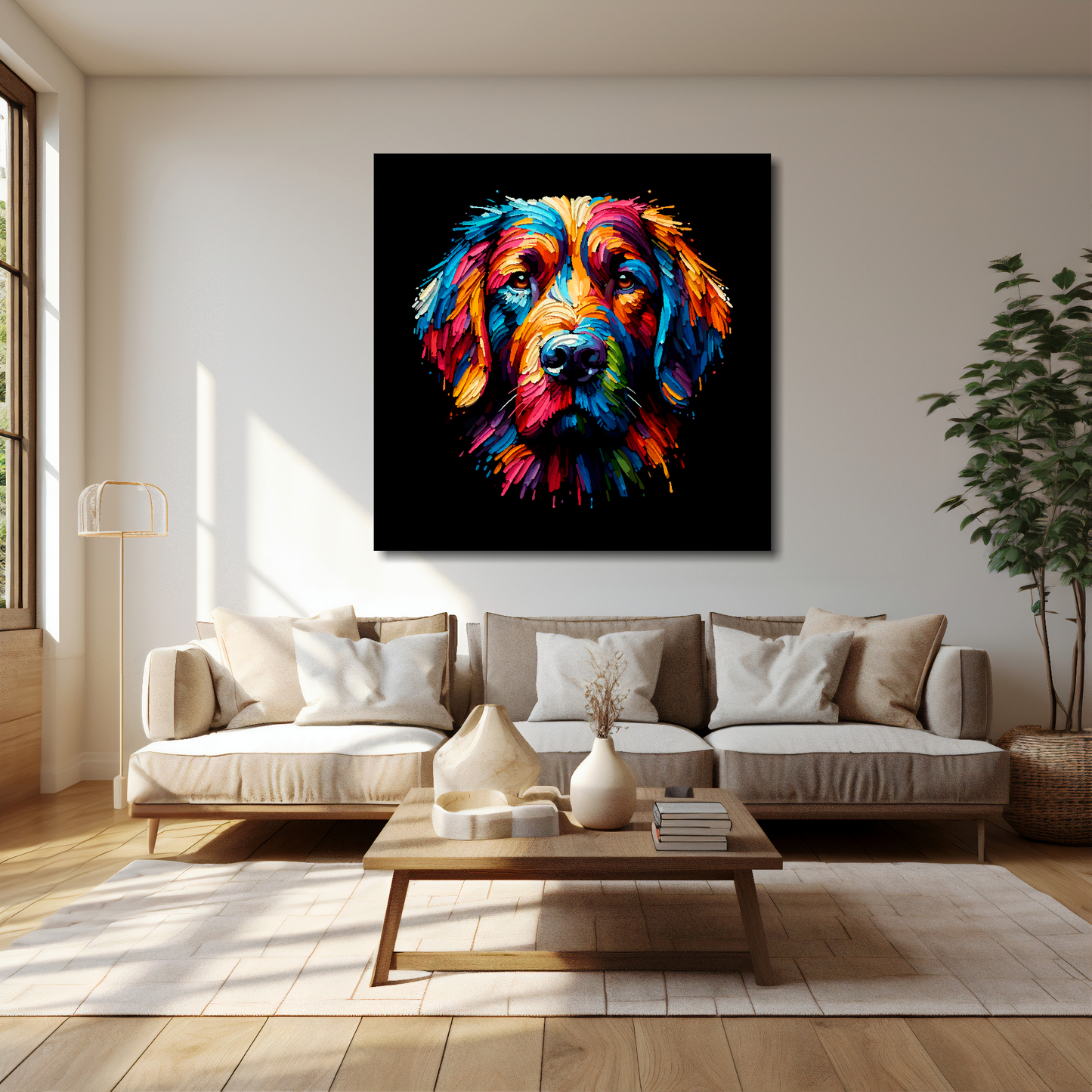40 inch by 40 inch square canvas featuring a multi-coloured Springador dog portrait. Mounted on a cream wall above a cream sofa with decorative pillows.