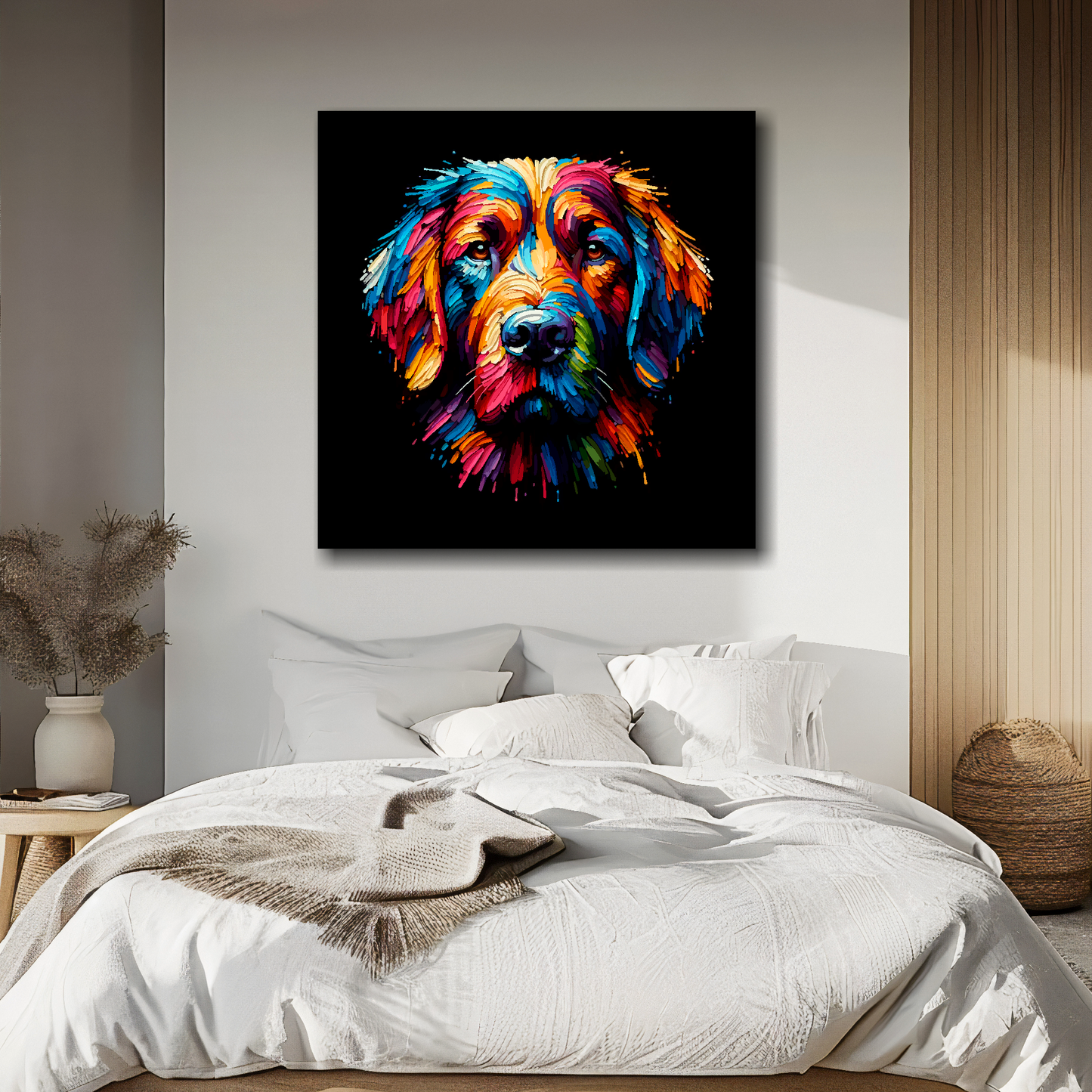 Square canvas featuring a multi-coloured Springador dog portrait. Mounted on a white wall above a double bed.