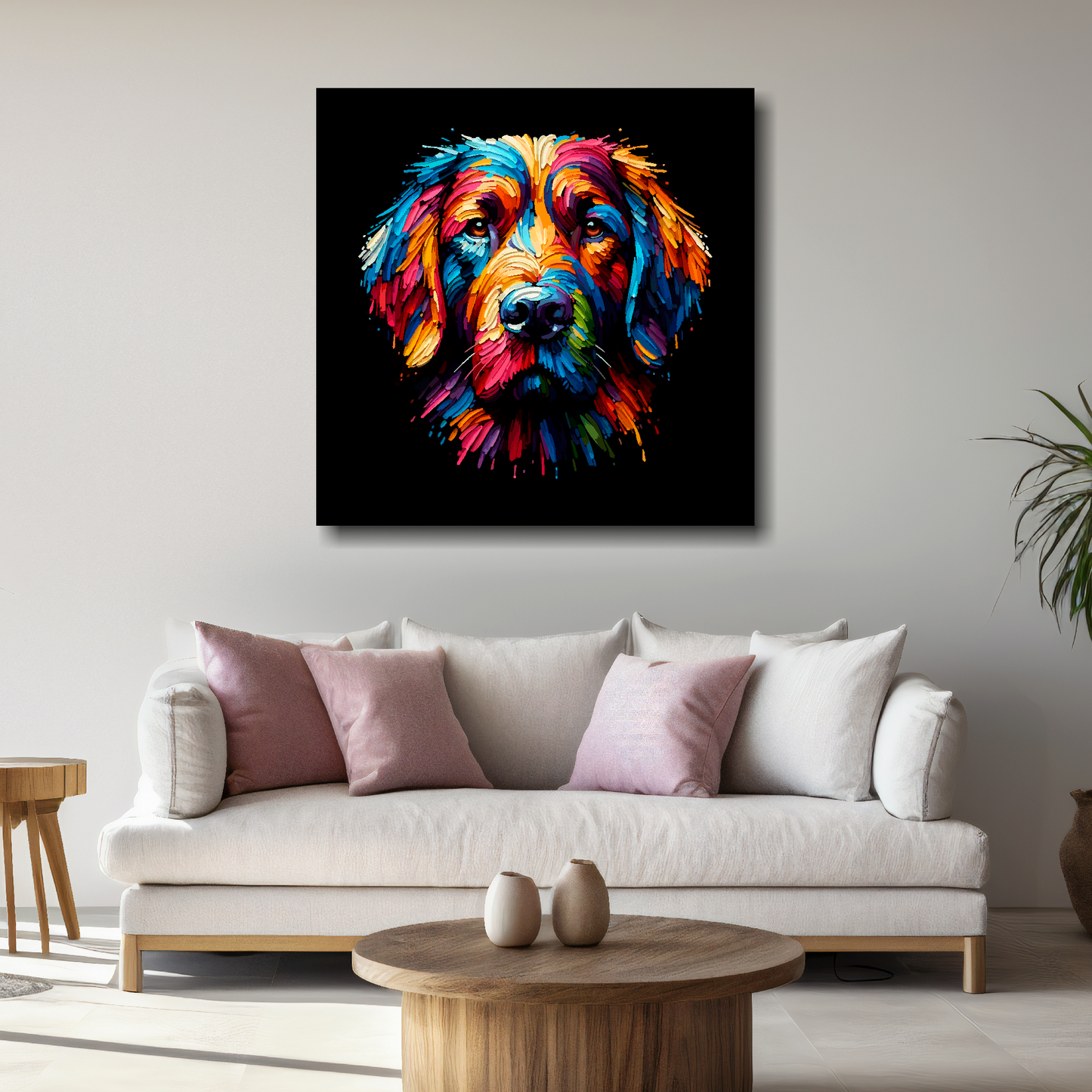 Large canvas featuring a multi-coloured Springador dog portrait. Mounted on a white wall above a white sofa with decorative pillows.