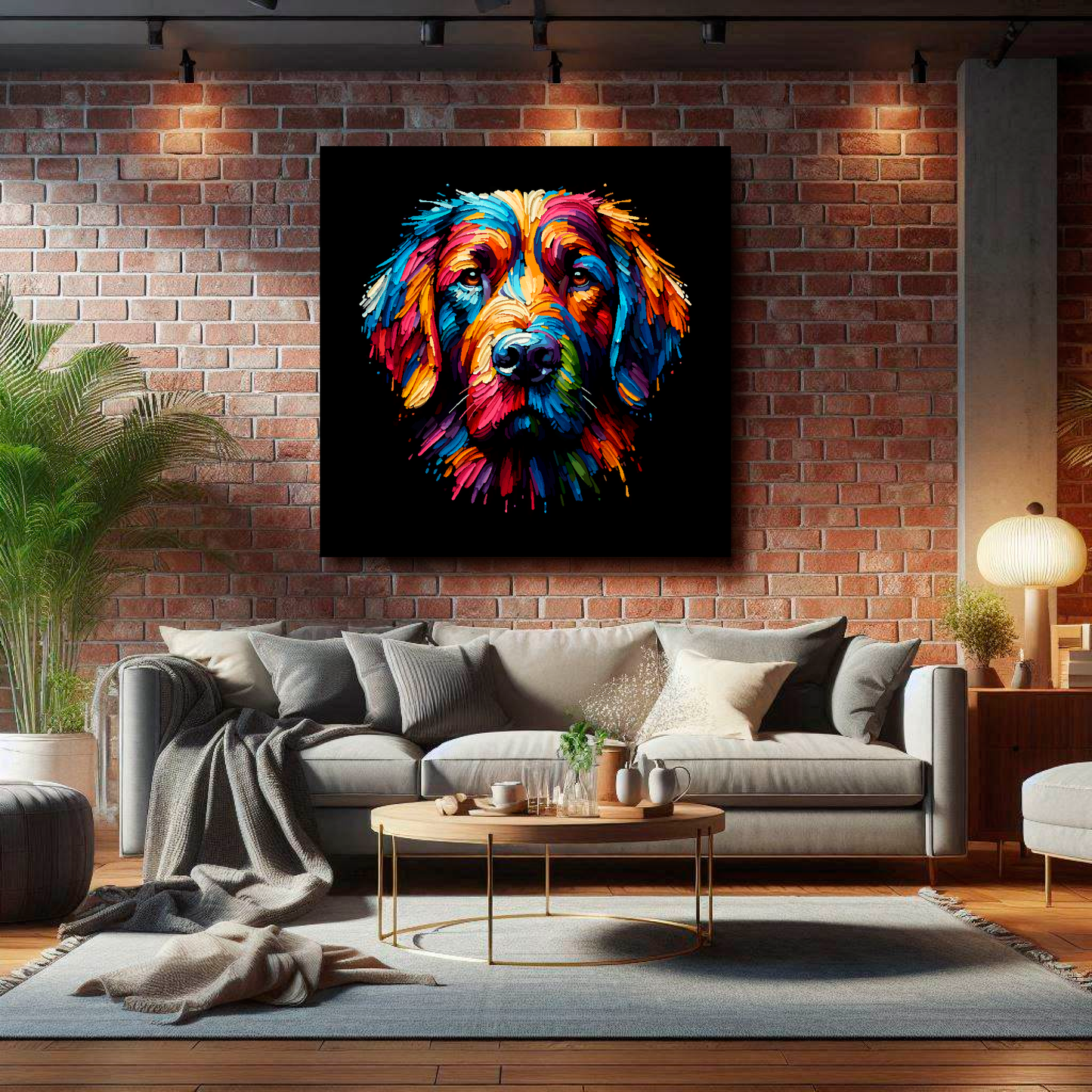 XL canvas featuring a multi-coloured Springador dog portrait. Mounted on a brick wall above a grey sofa with decorative pillows.