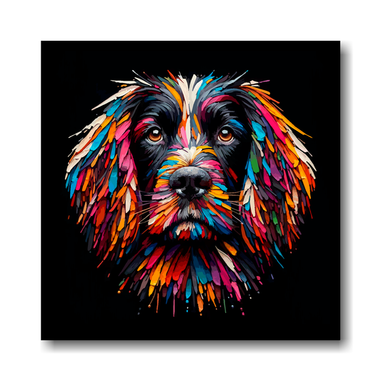 Colourful abstract painting of a Sprocker Spaniel dog's face on a black background.