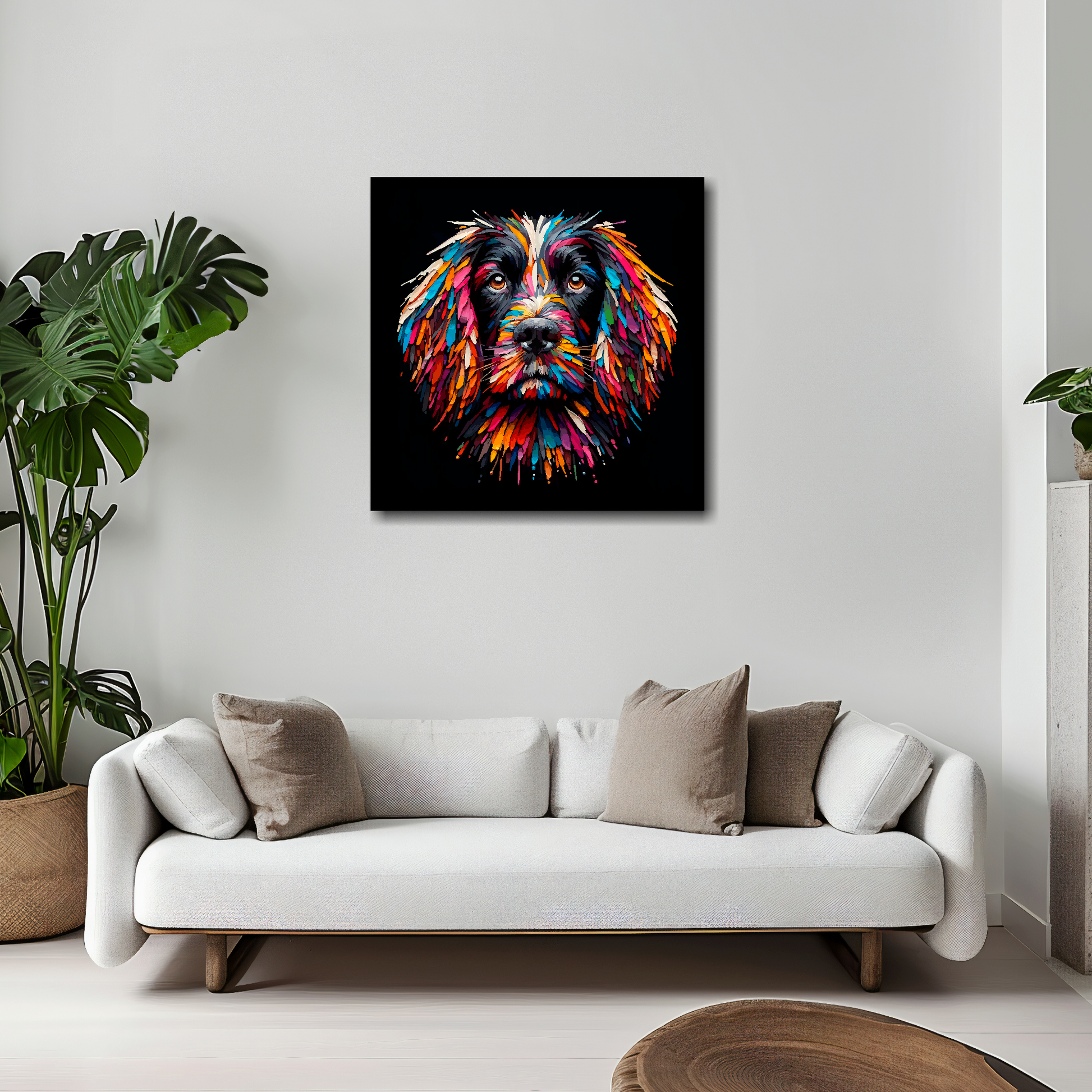 20 inch by 20 inch square canvas featuring a multi-coloured Sprocker Spaniel dog portrait. Mounted on a white wall above a white sofa with decorative pillows.