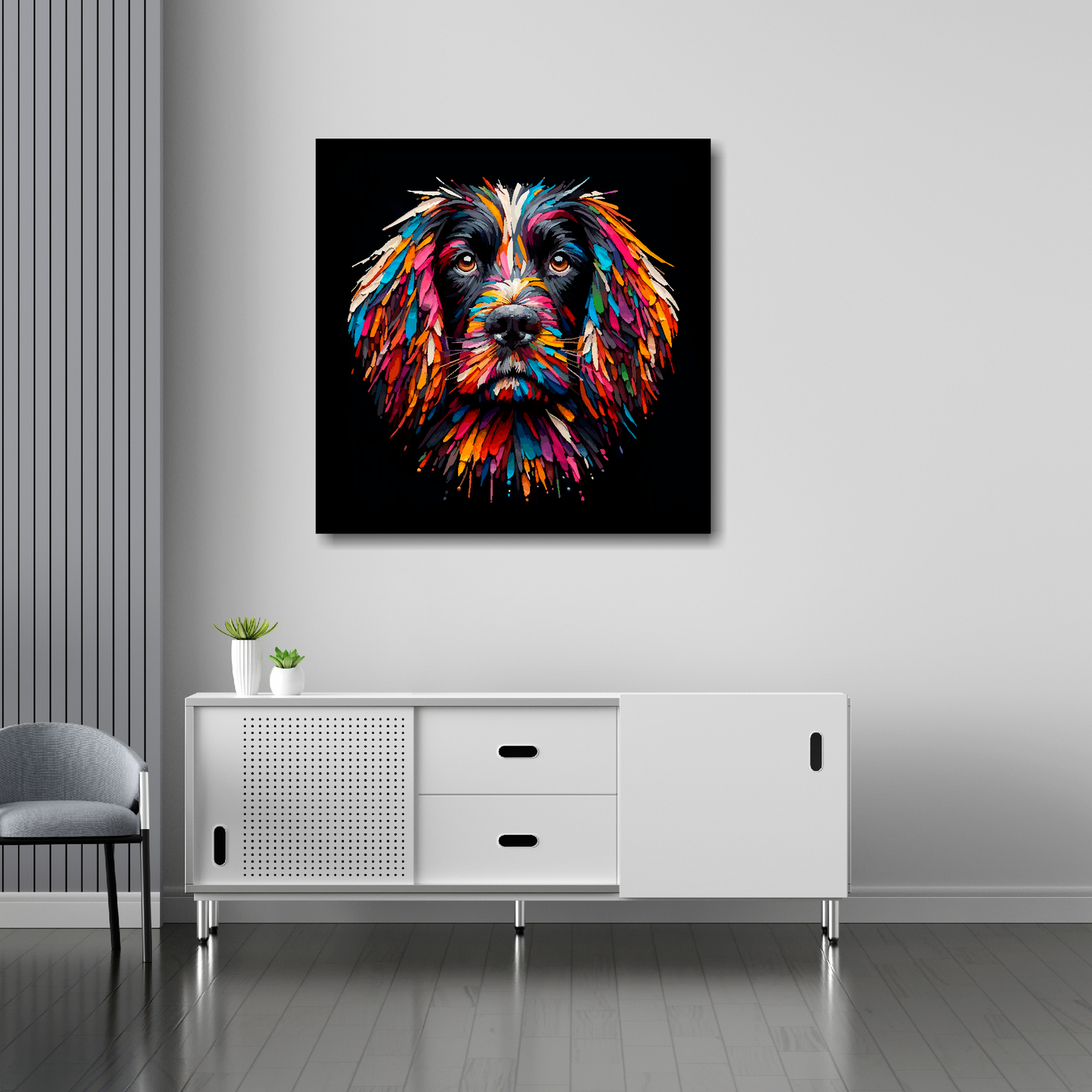 30 inch by 30 inch square canvas featuring a multi-coloured Sprocker Spaniel dog portrait. Mounted on a white wall above a white sideboard.