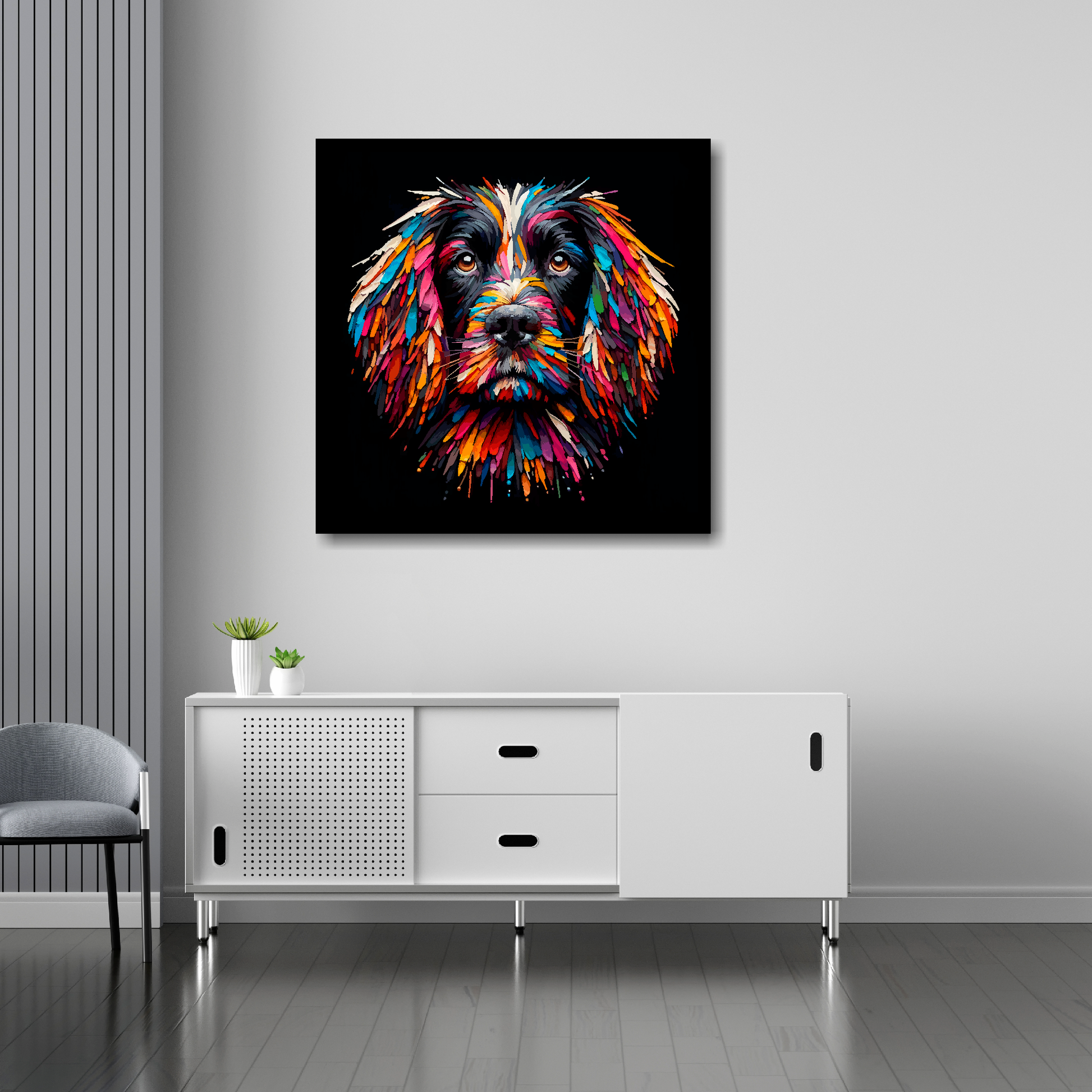 Sprocker Spaniel canvas 30x30 inches above sideboard - large colourful dog portrait UK made
