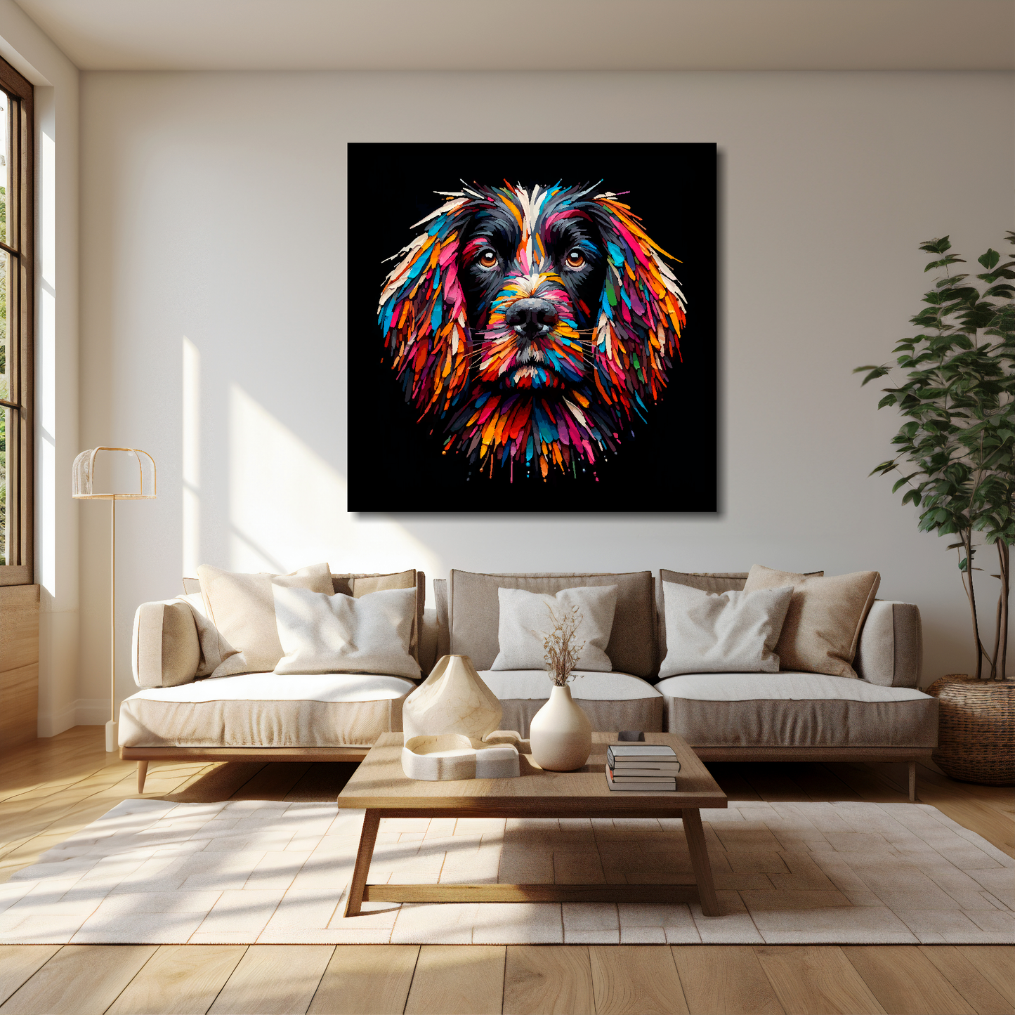 40 inch by 40 inch square canvas featuring a multi-coloured Sprocker Spaniel dog portrait. Mounted on a cream wall above a cream sofa with decorative pillows.
