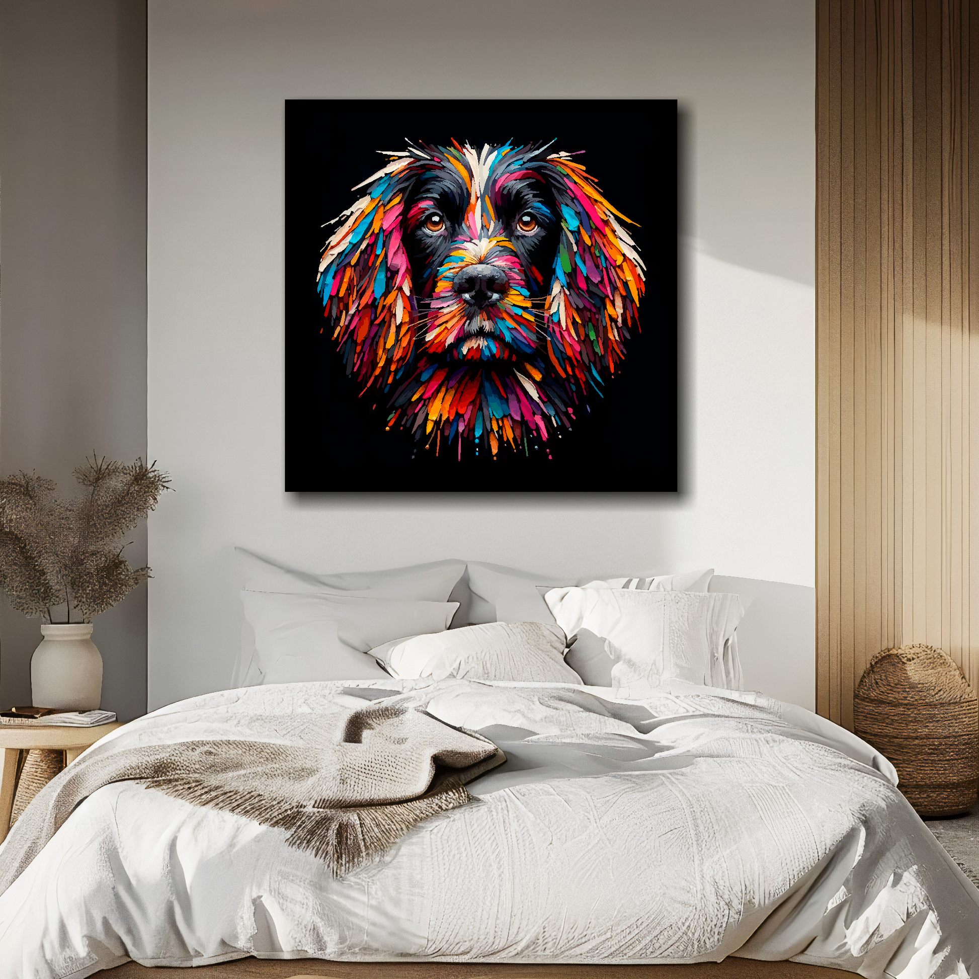 Square canvas featuring a multi-coloured Sprocker Spaniel dog portrait. Mounted on a white wall above a double bed.