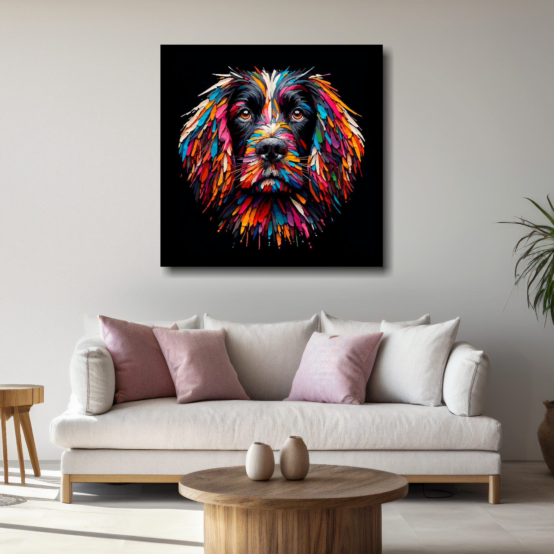 Large canvas featuring a multi-coloured Sprocker Spaniel dog portrait. Mounted on a white wall above a white sofa with decorative pillows.