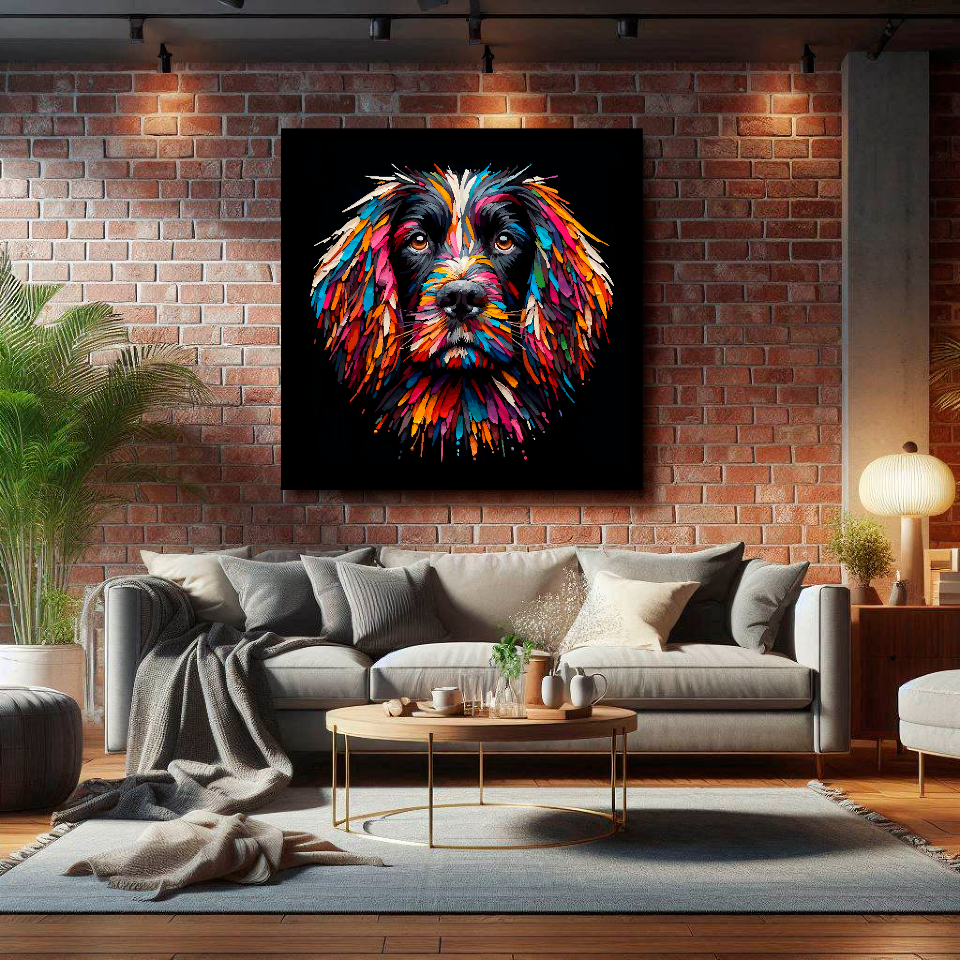 XL canvas featuring a multi-coloured Sprocker Spaniel dog portrait. Mounted on a lounge brick wall above a grey sofa with decorative pillows.
