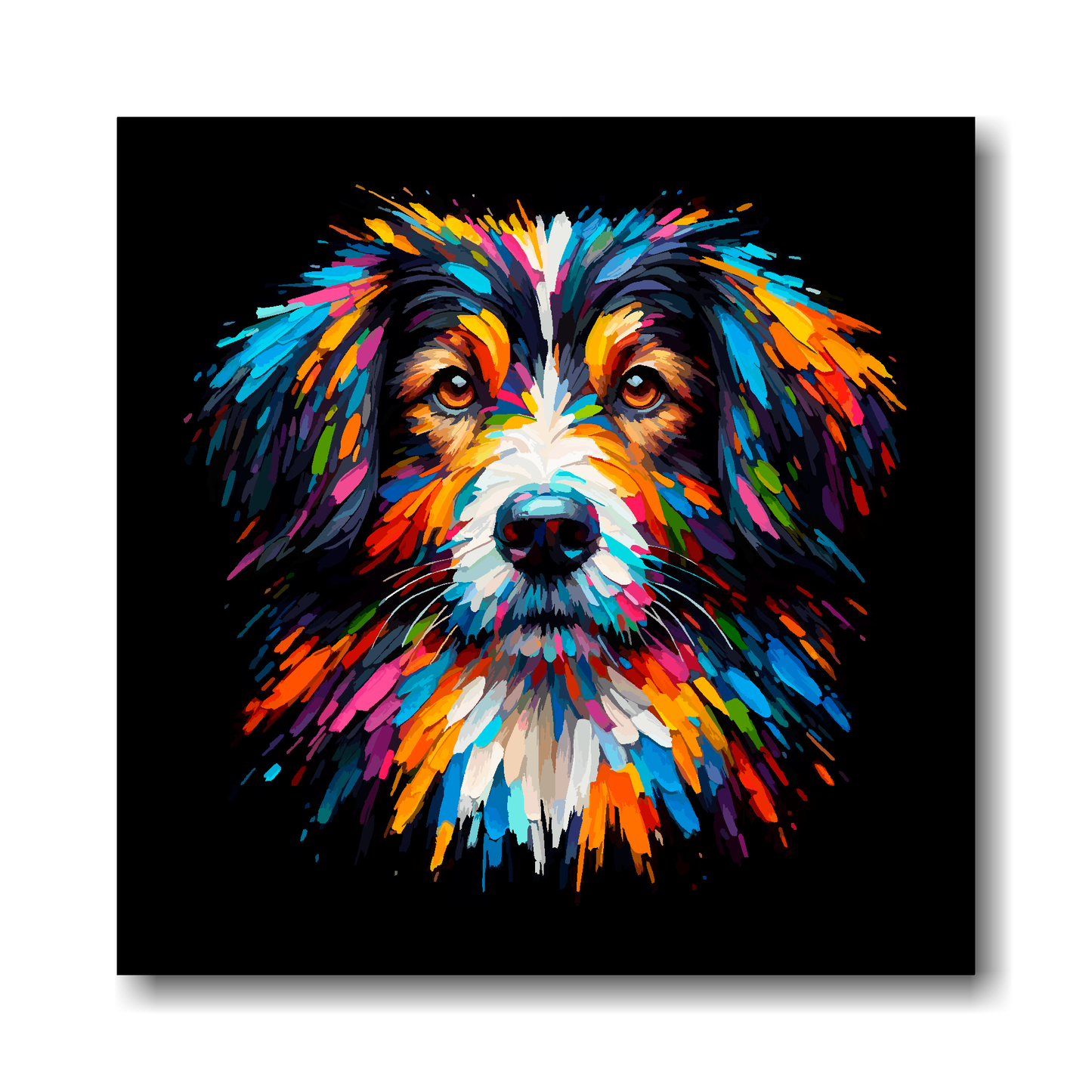 Colourful abstract painting of a Sprollie dog's face on a black background.