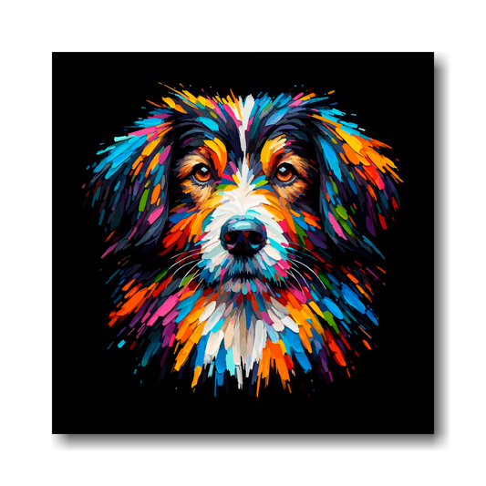 Colourful abstract painting of a Sprollie dog's face on a black background.